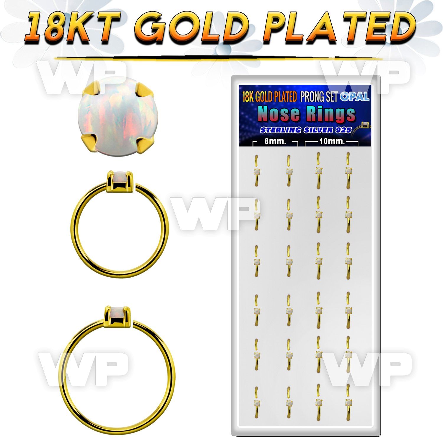 dnsm179 box 18k gold plated silver nose rings w 1.5mm opal top 