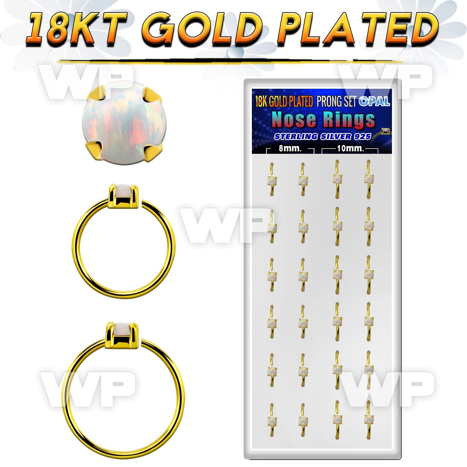 dnsm181 box 18k gold plated silver nose rings w 2.5mm opal top 