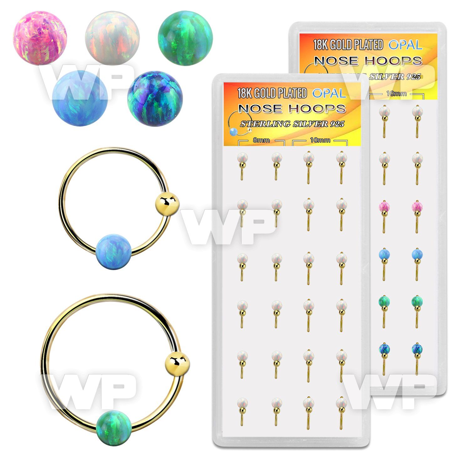 dnsm190 box w gold silver nose hoops w ball 3mm opal ball