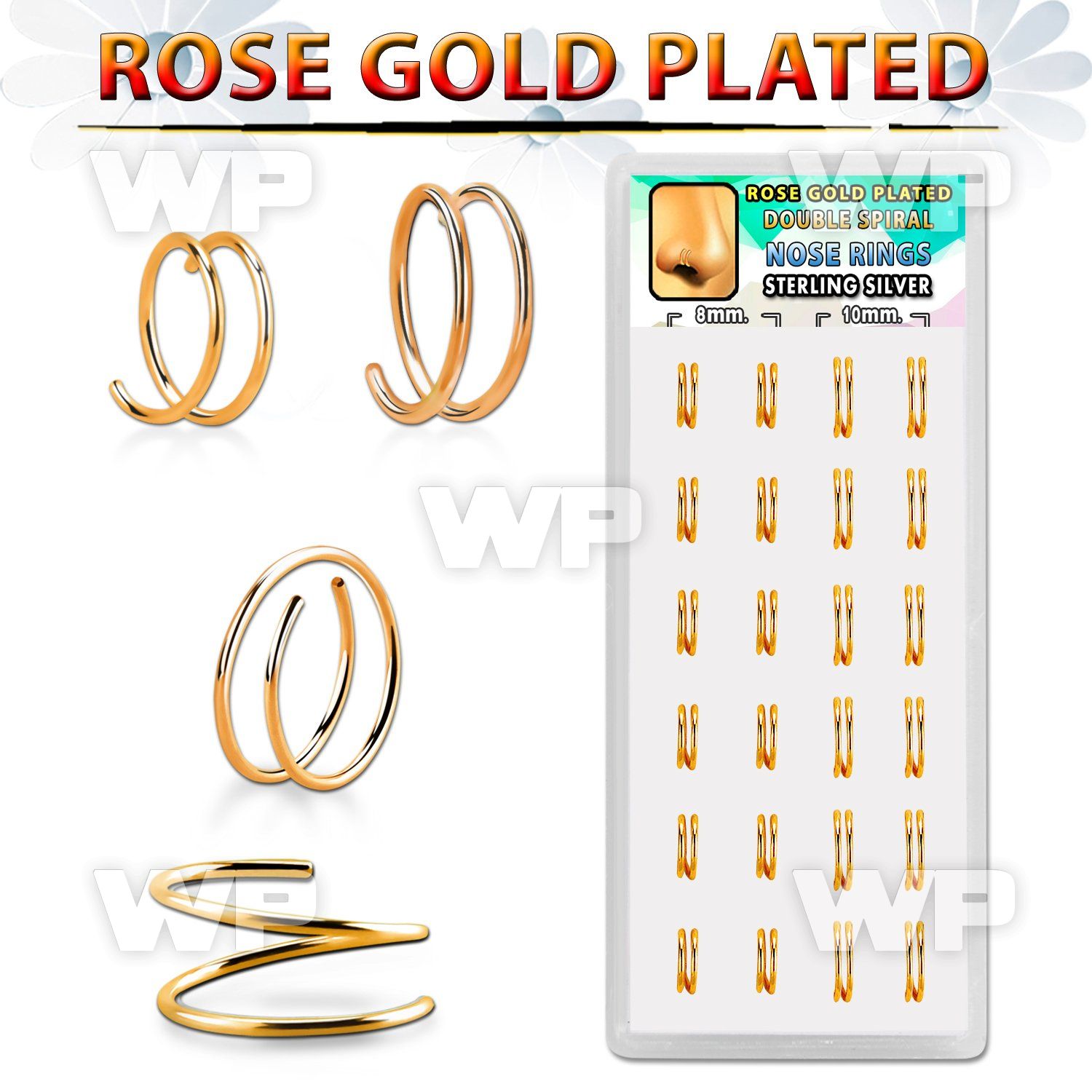 dnsm230 box w 24 rose gold plated silver spiral nose ring 22g