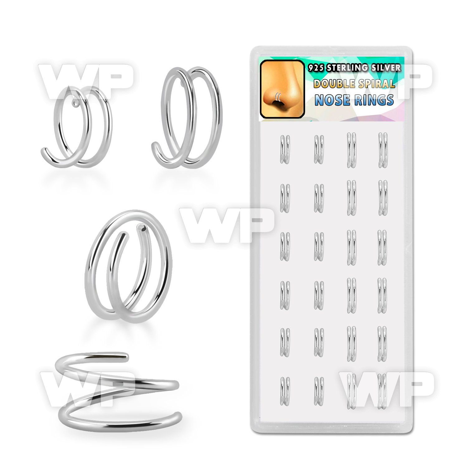 dnsm231 box 24 pcs. of sterling silver spiral nose rings, 20g