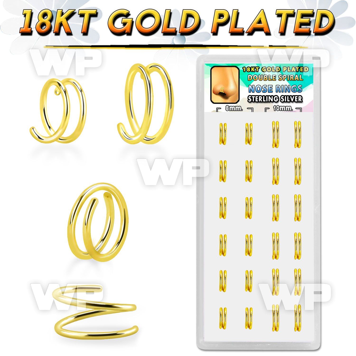 dnsm232 box w silver spiral nose rings, 22g w gold plating