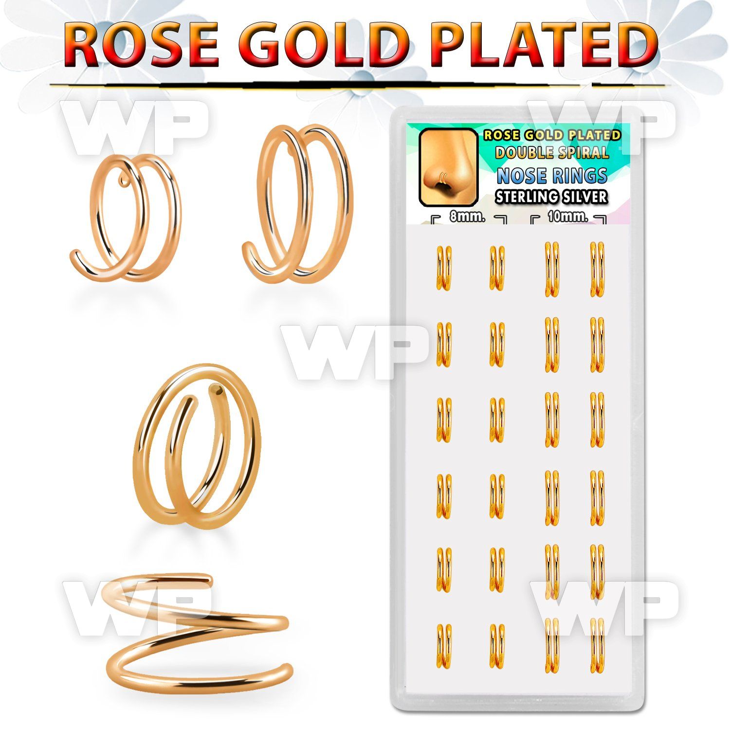dnsm233 box w silver spiral nose rings, 22g w rose gold plating