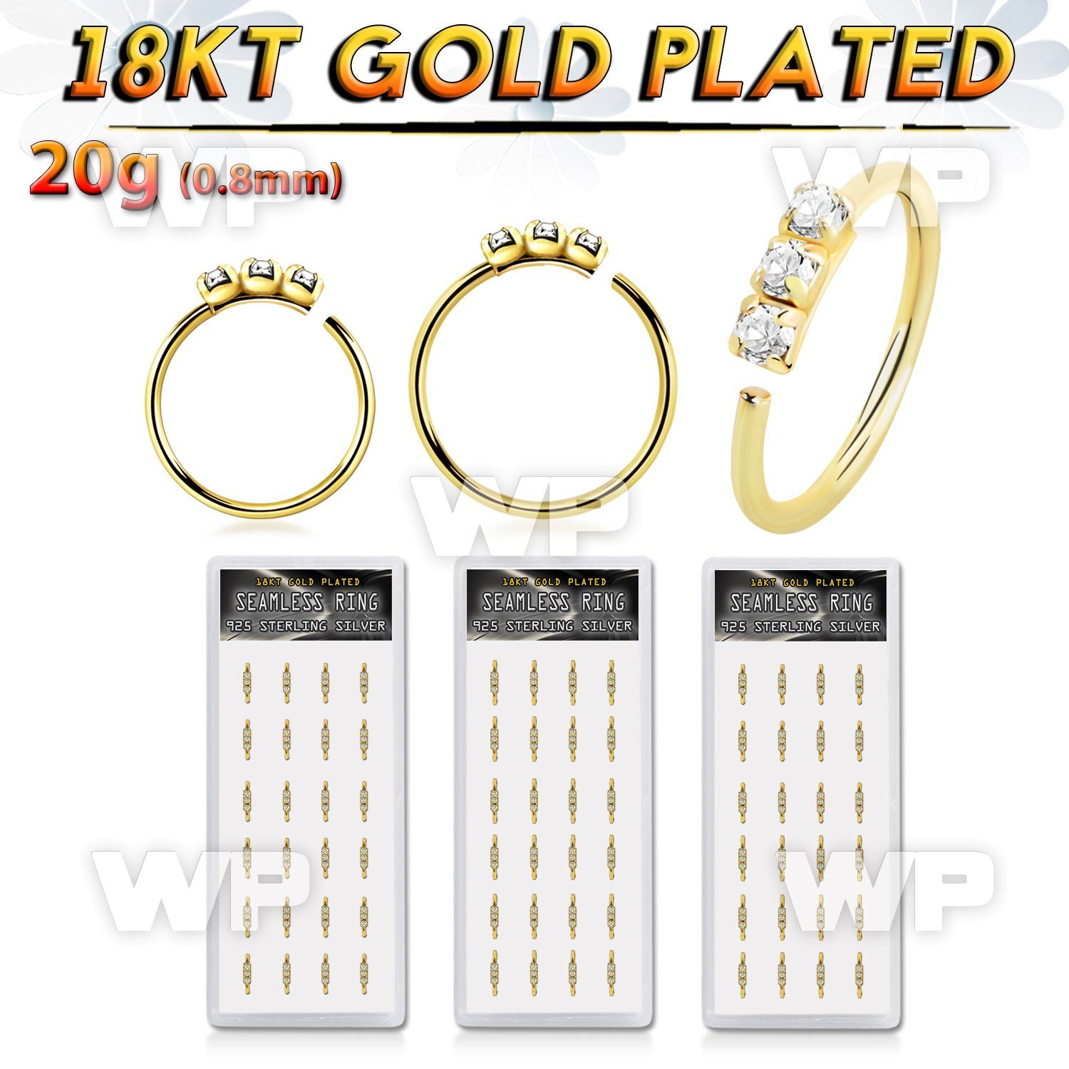 dnsm267 18k gold plated 925 silver seamless nose rings 1.5mm prong set clear crystals