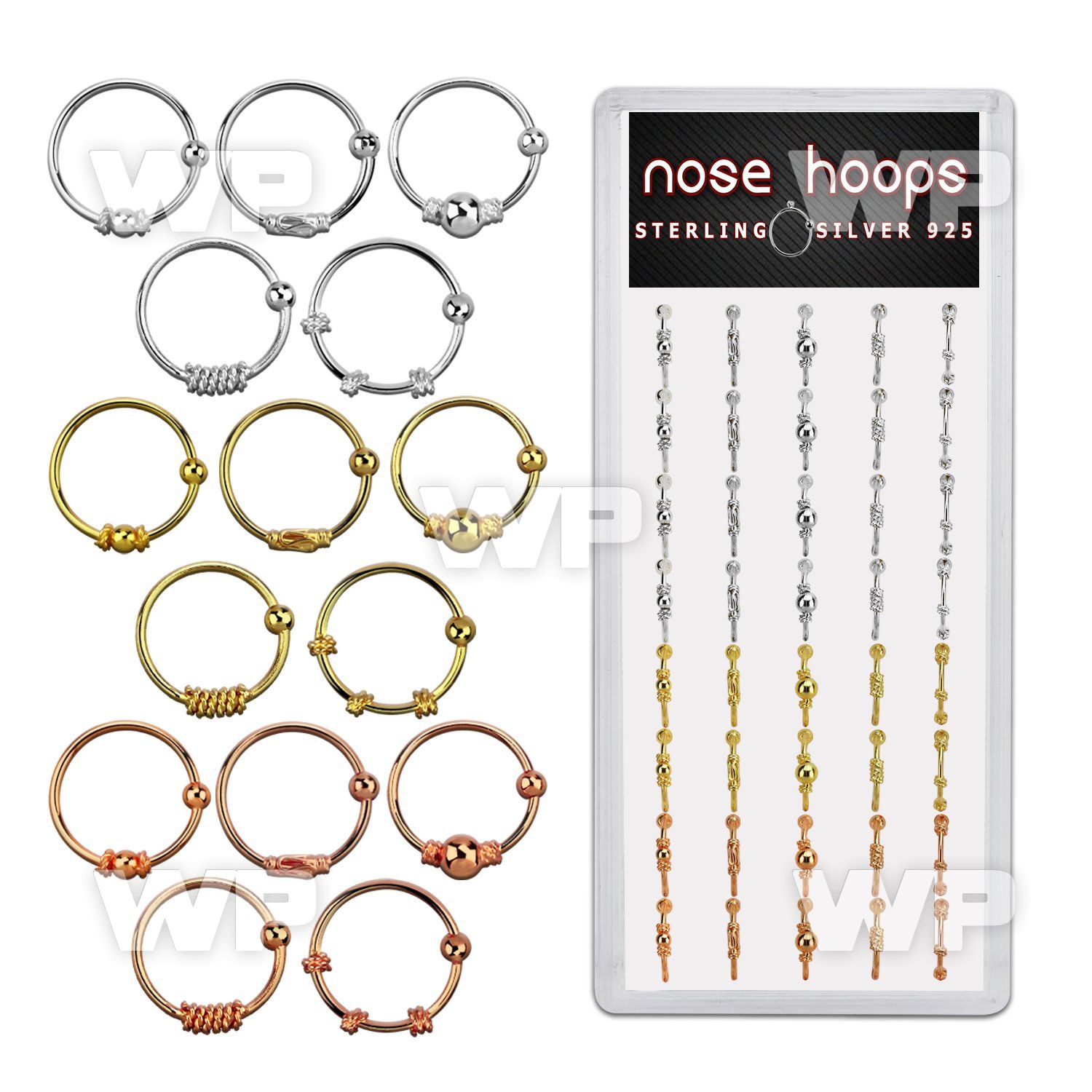 dnsm44 display w plain and plated silver nose hoops