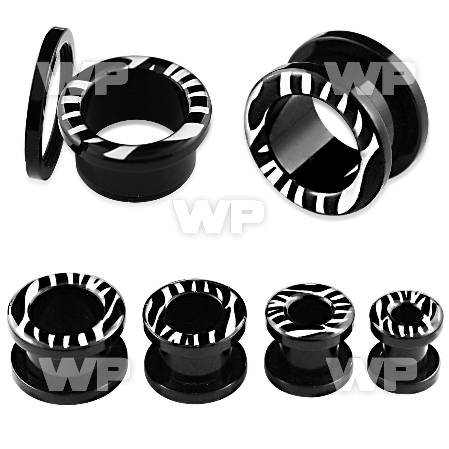 dr77 black acrylic screw fit flesh tunnel black white zebra ear lobe piercing