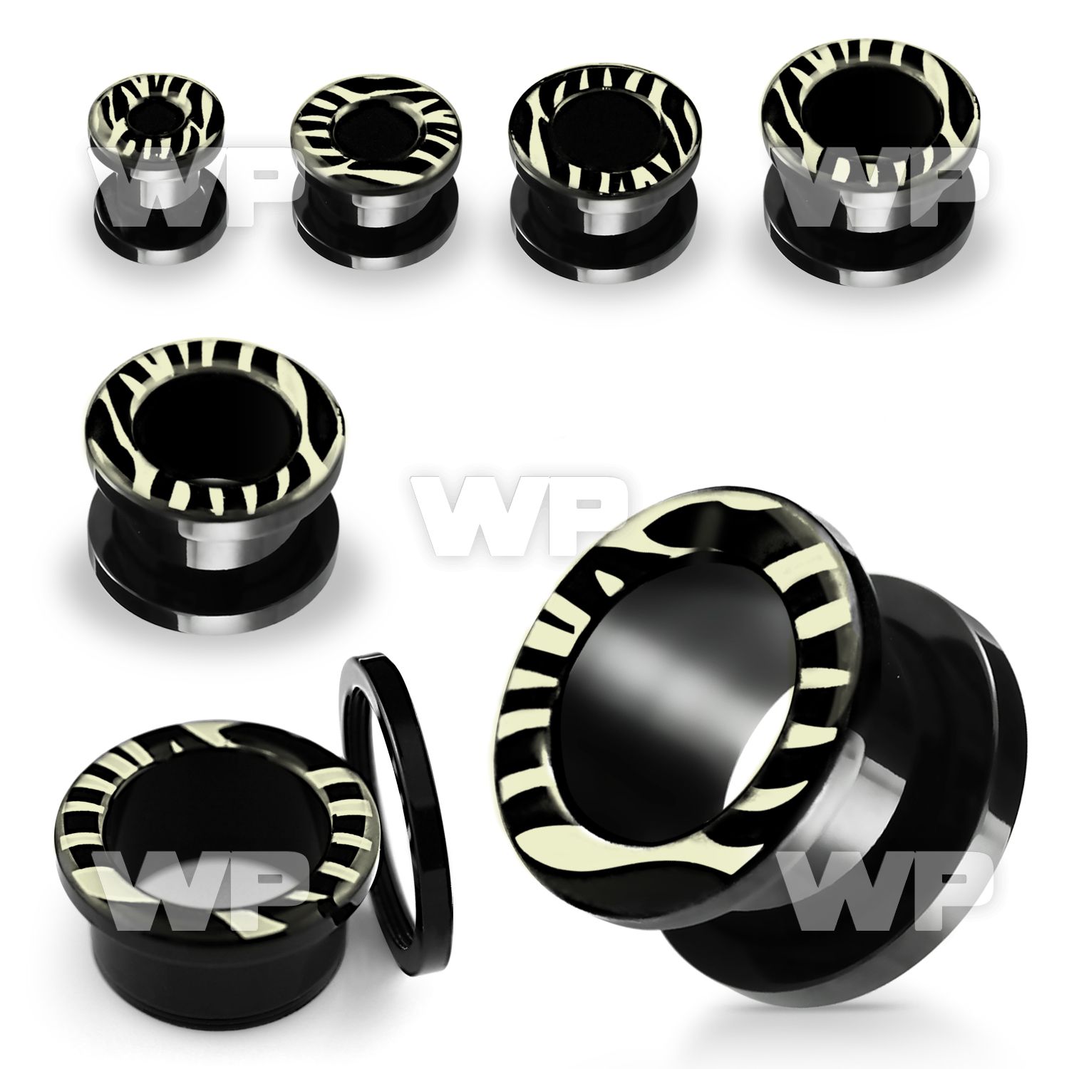 dr77 black acrylic screw fit flesh tunnel black white zebra ear lobe piercing