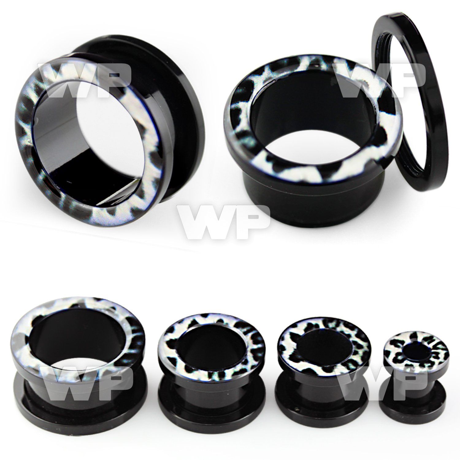 dr7w black acrylic screw fit flesh tunnel snow leopard fur pic ear lobe piercing