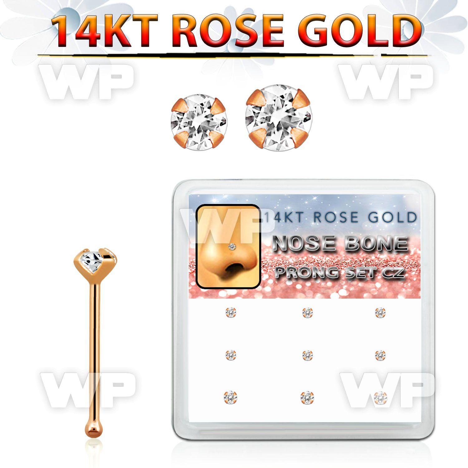 drnb11 box w 9 14kt rose gold nose bones w 1.5mm 2mm czs