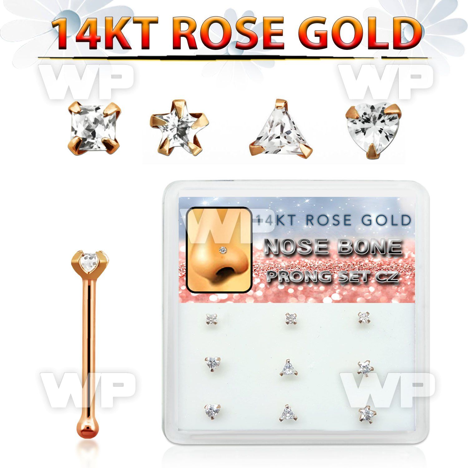 drnb13 box w 9 14kt rose gold nose bones cz in mix shapes