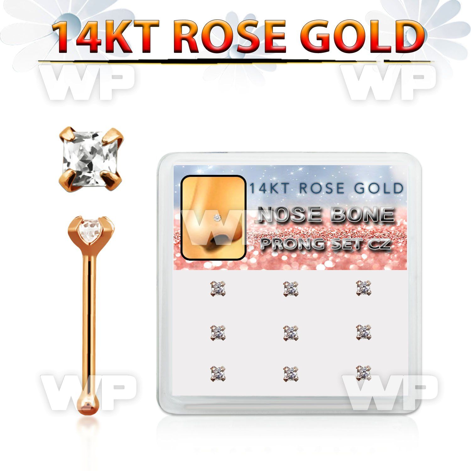drnb19 box w 9 14kt rose gold nose bones w 2mm square cz stones