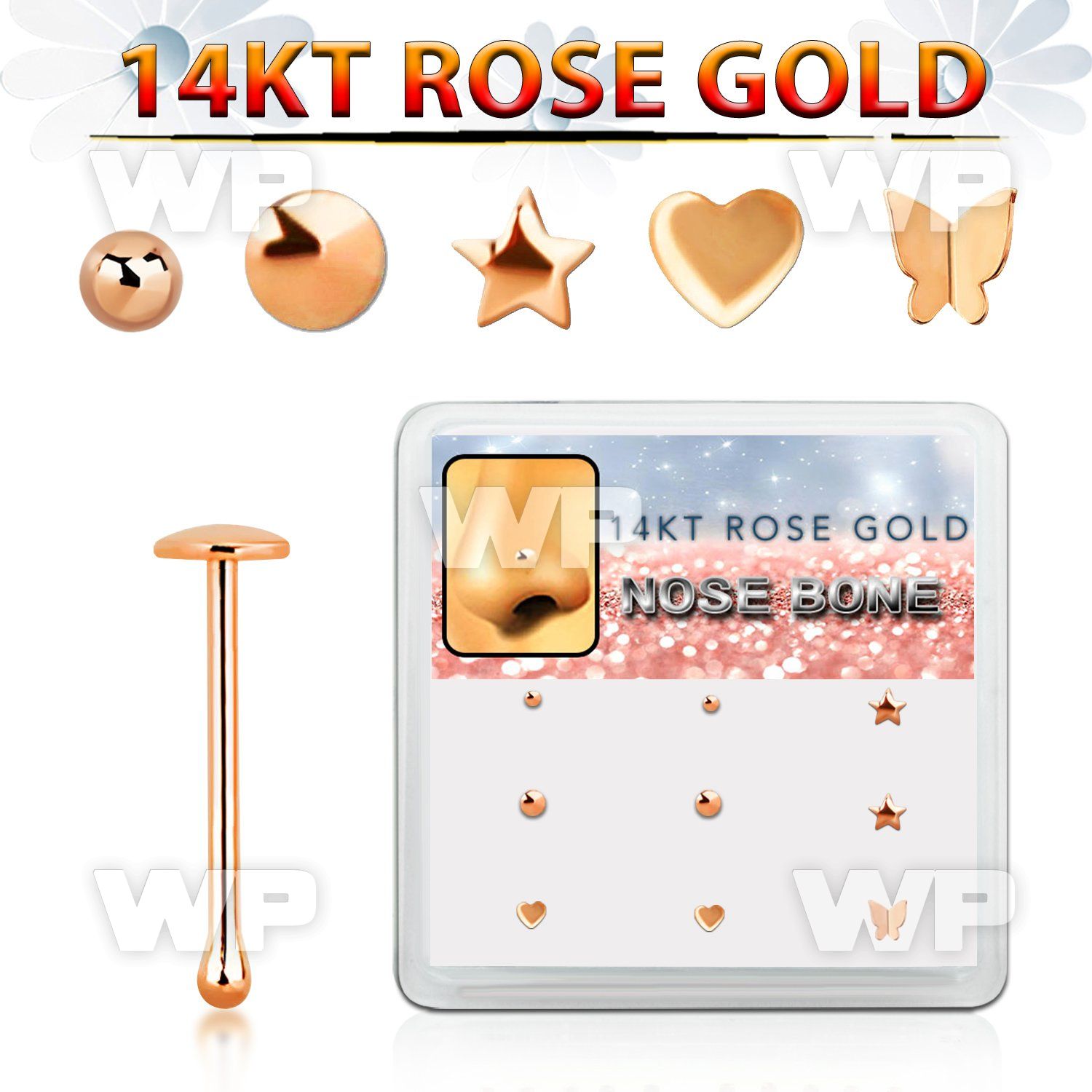 drnb20 box w 9 14kt rose gold nose bones w mixed shaped tops