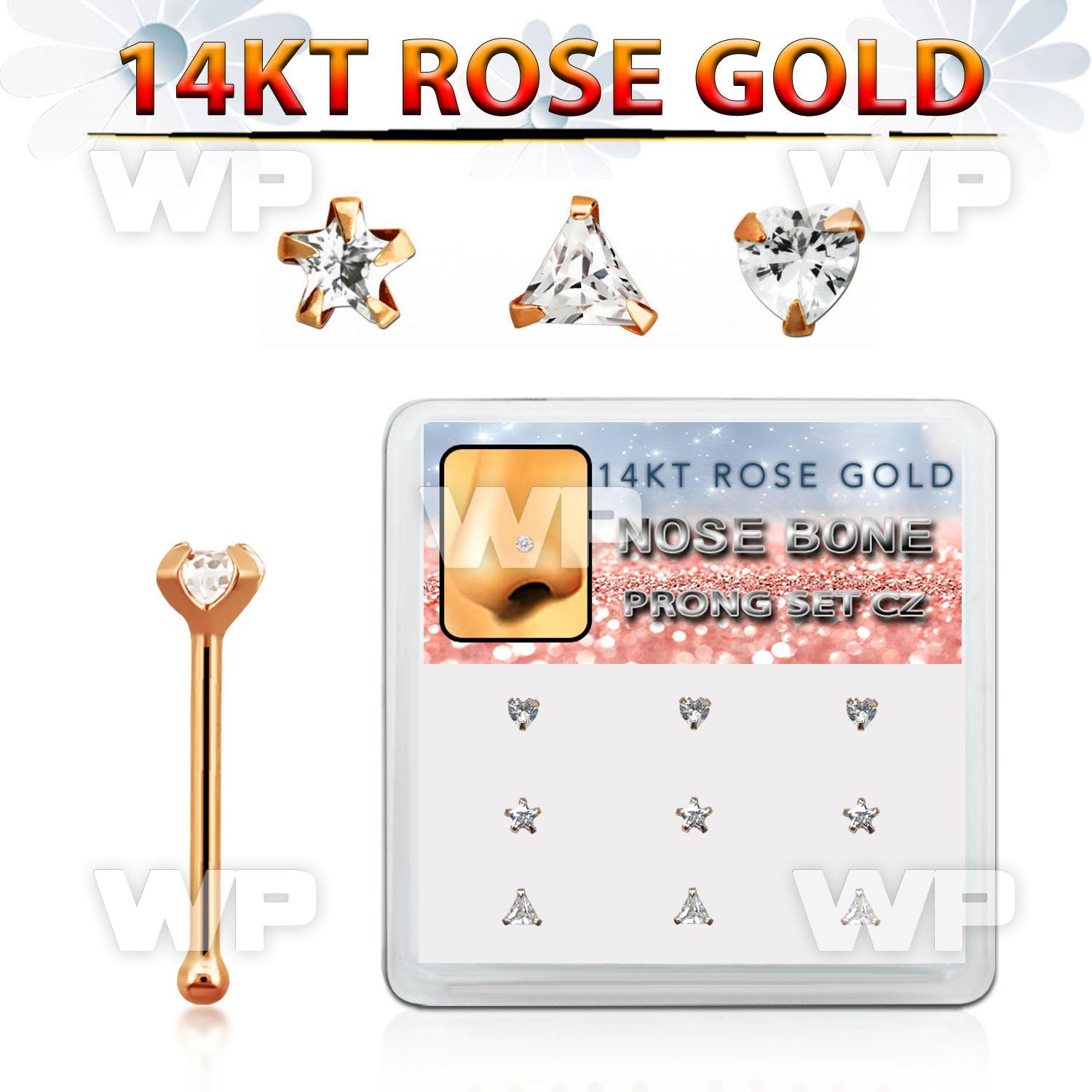 drnb21 box w 14kt rose gold nose bone w cz star triangle heart