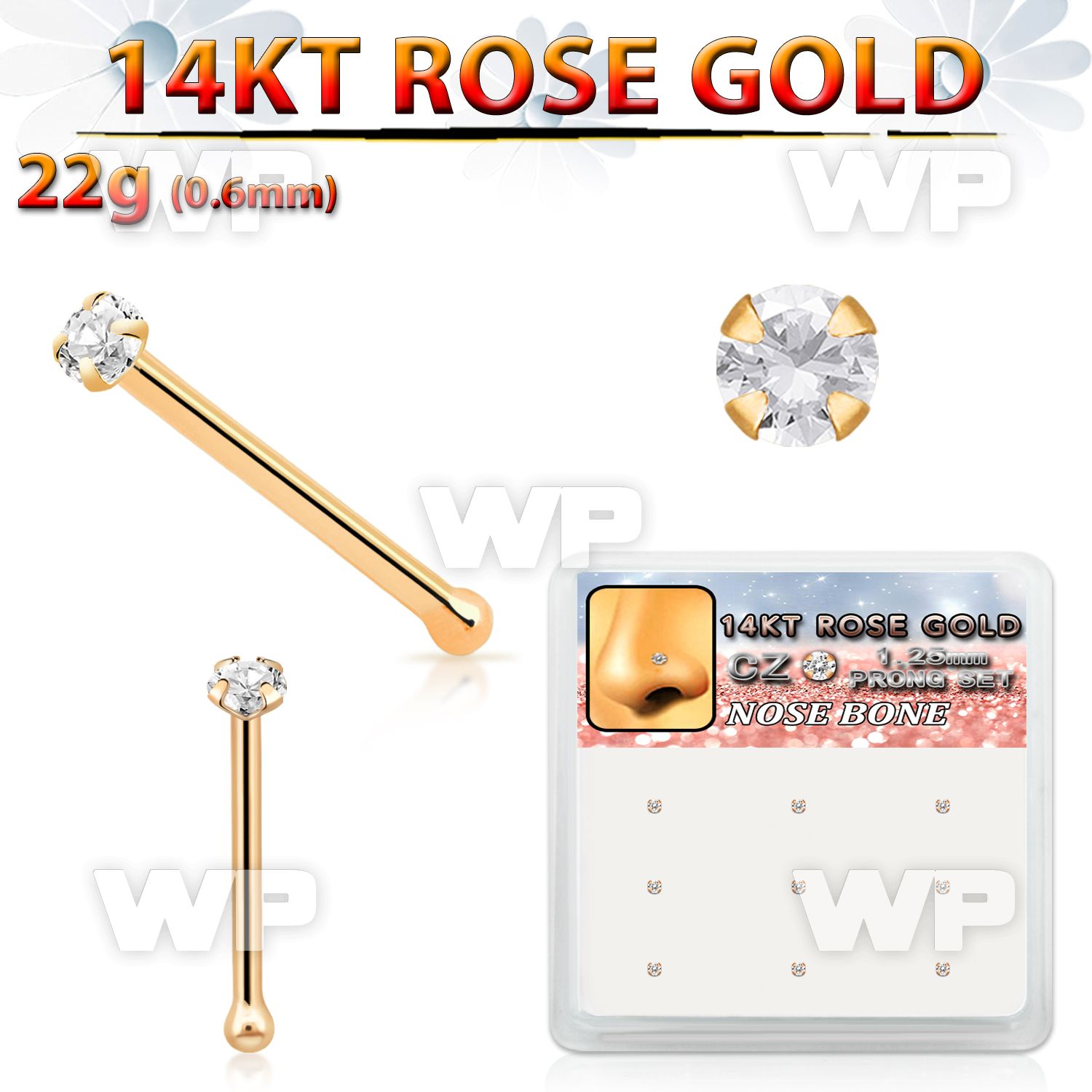 drnb26 box w 14kt rose gold nose bones w 1.25mm clear round cz 