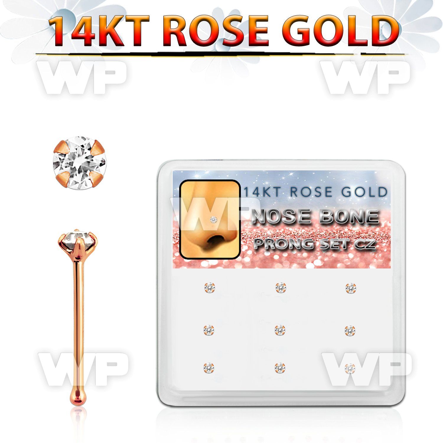 drnb7 box w 9 14kt rose gold nose bones w 1.5mm round cz stone