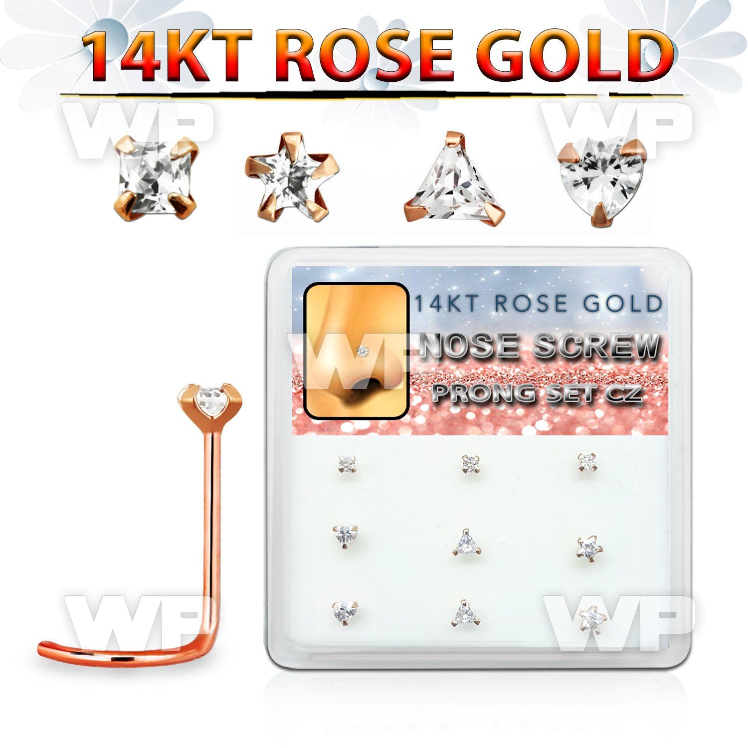 drsc13 box w 9 14kt rose gold nose screws w czs in mix shape