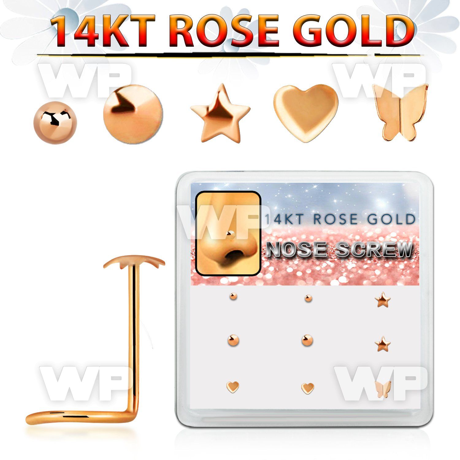 drsc19 box w 9 14kt rose gold nose screws w assorted shaped top