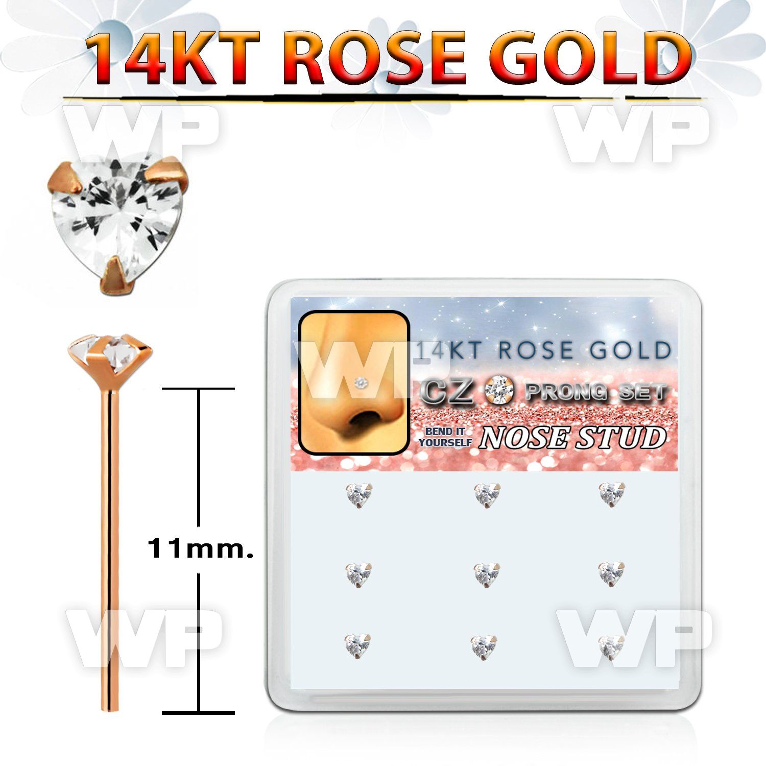 drys22 box 14kt rose gold bend it nose stud w heart shaped czs