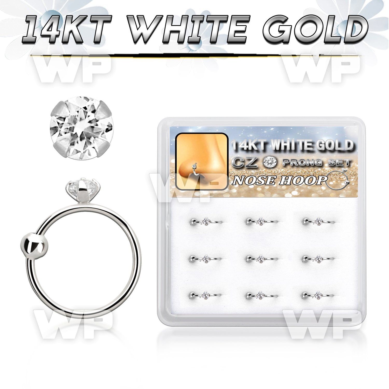 dw14nh5 box w 14kt white gold nose hoop w a 2mm clear cz stone