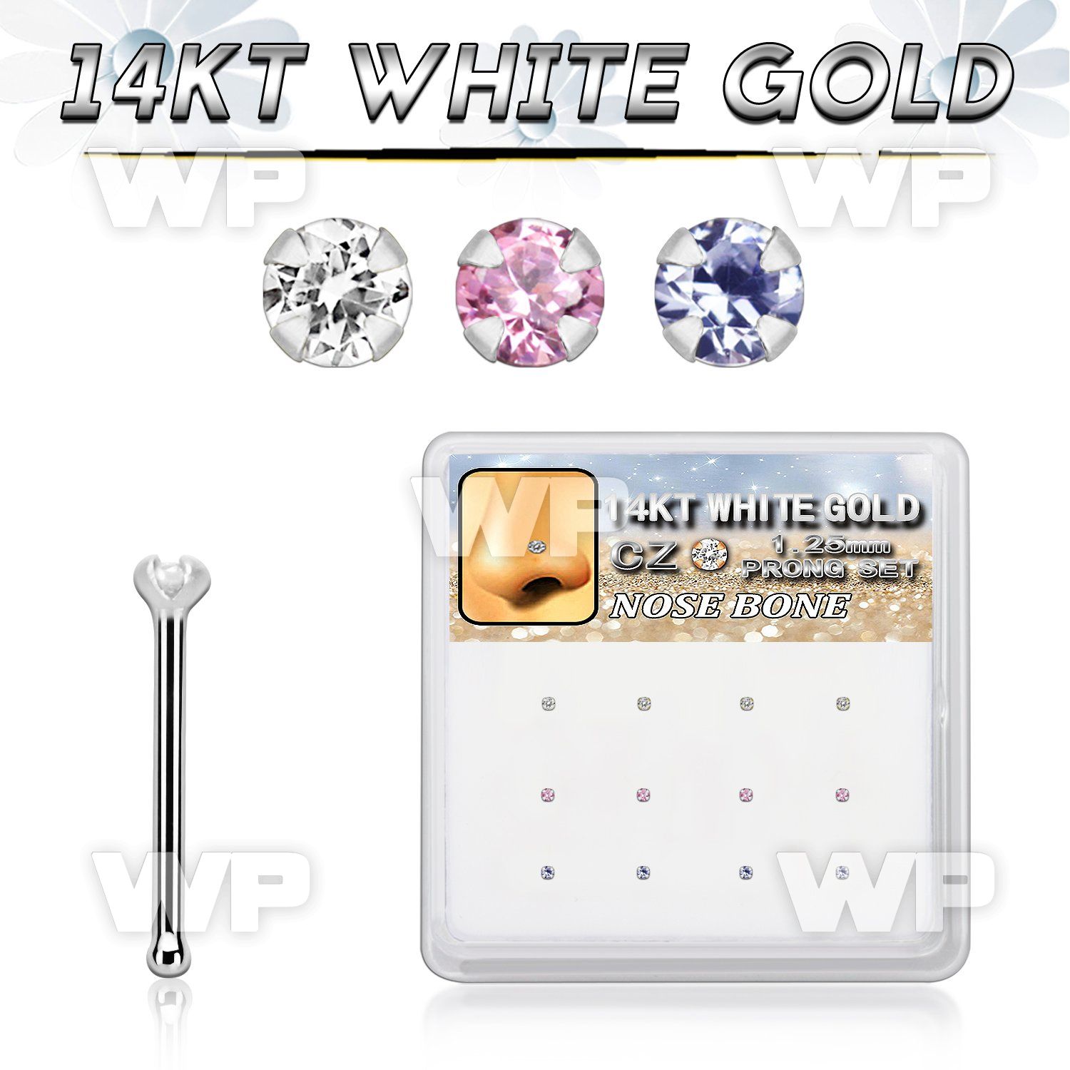 dwnb23 box w 14kt white gold nose bones w 1.25mm round cz 