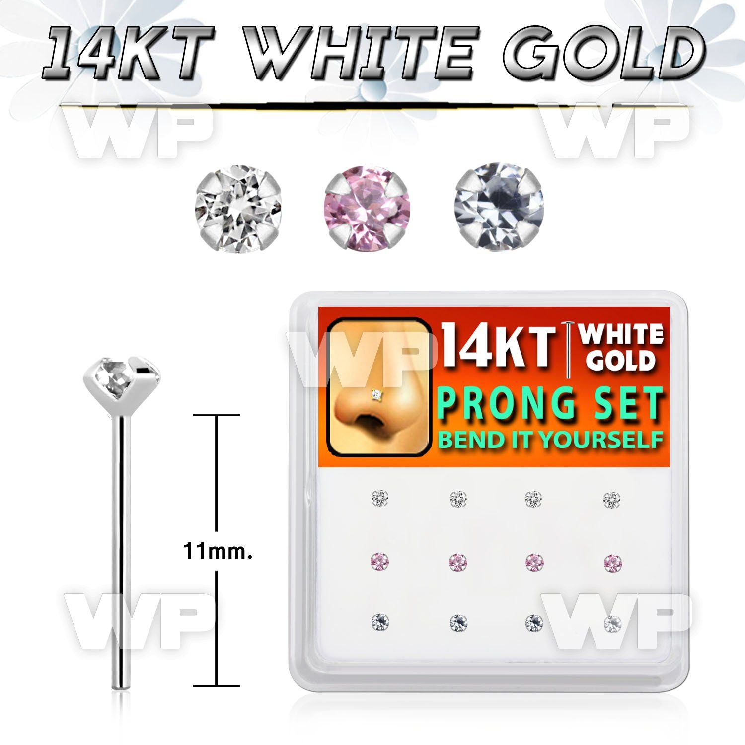 dwys10 box w 14kt white gold bend it nose studs w 2mm mixed czs