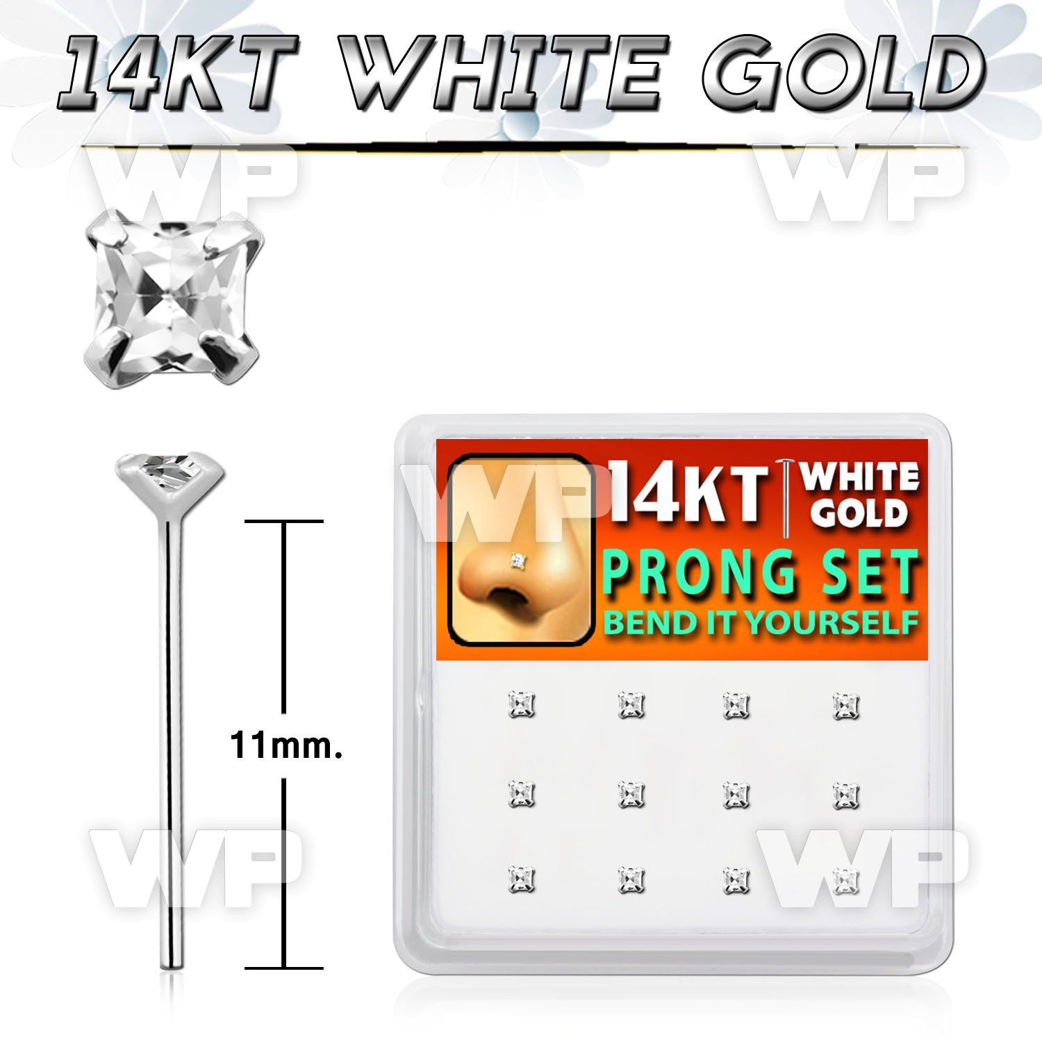 dwys19 box w 14kt white gold bend it nose stud w 2mm square cz 