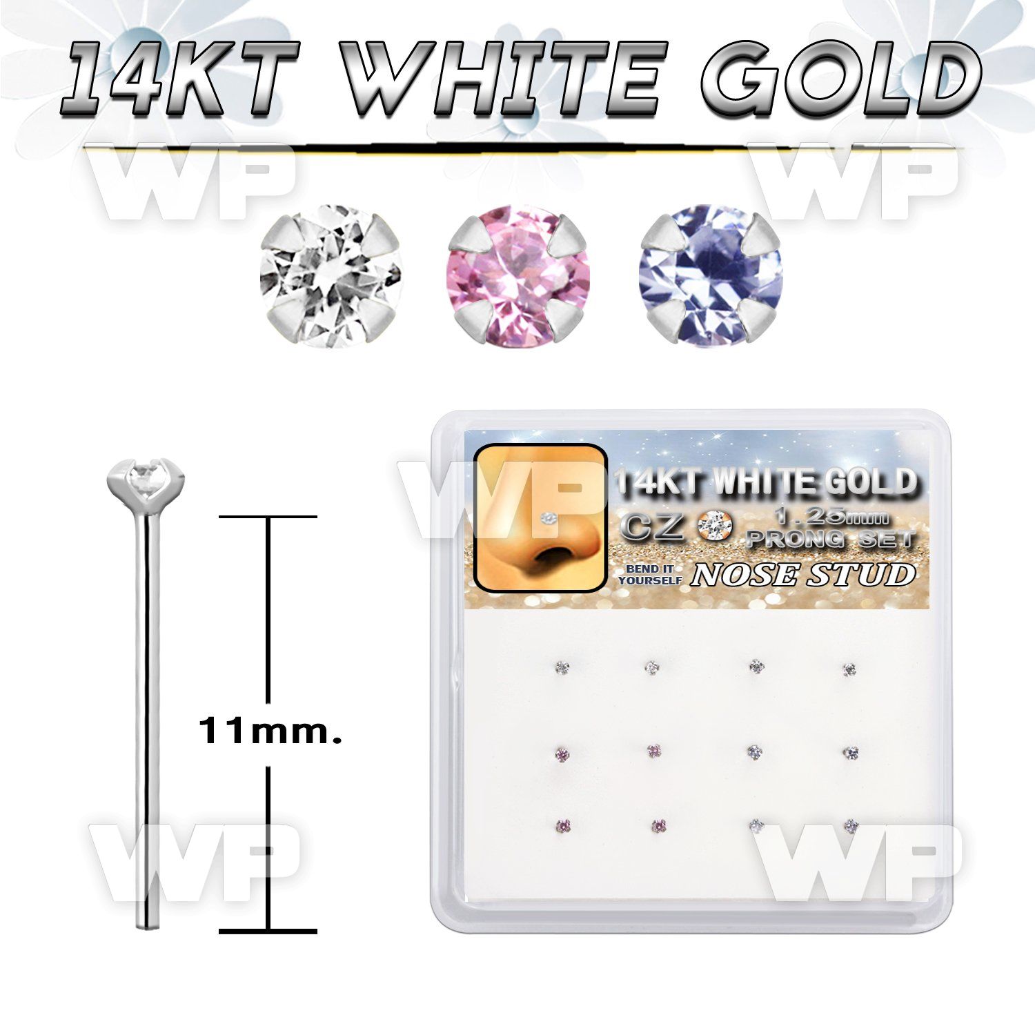 dwys23 box w 14kt white gold bend it nose stud 1.2mm round cz 