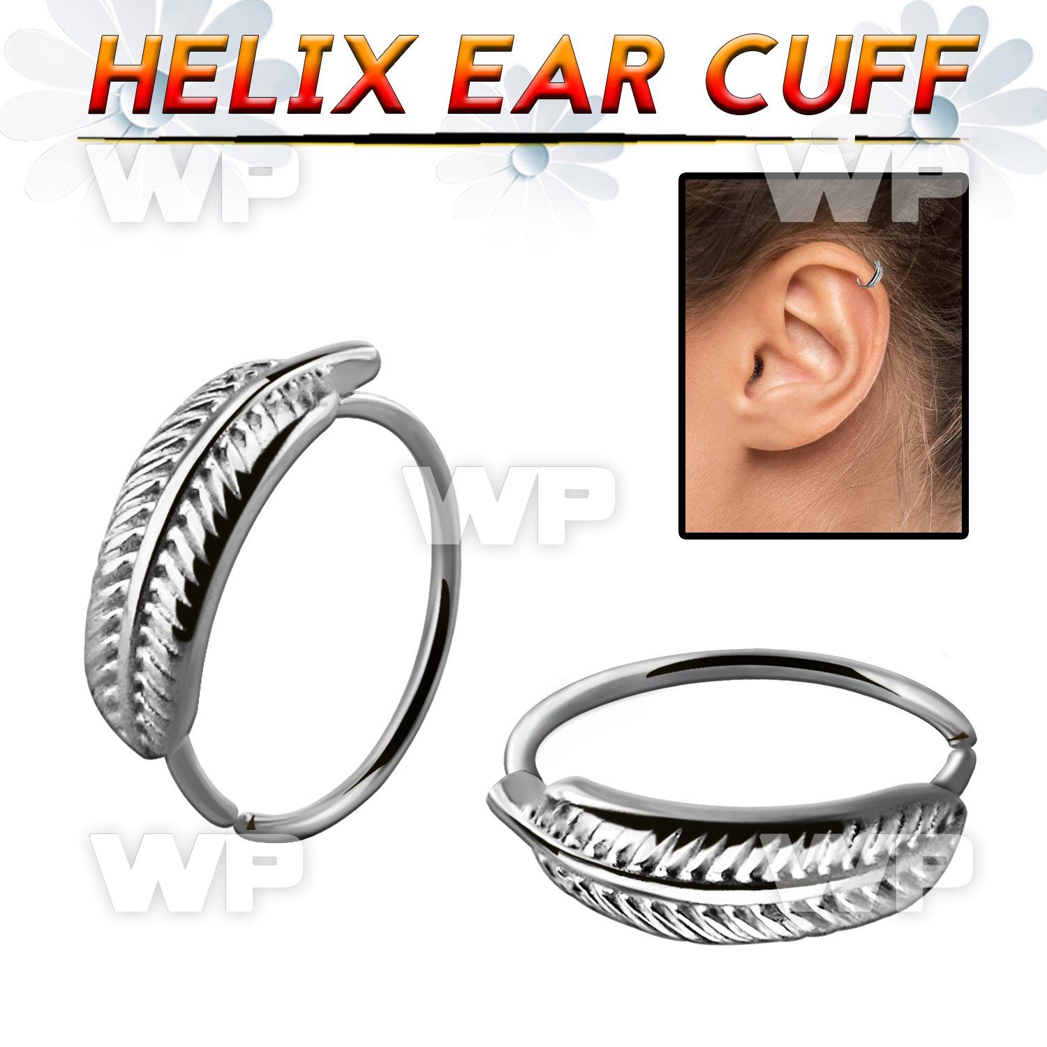 echfe 316l steel helix ear cuff w a feather on the top