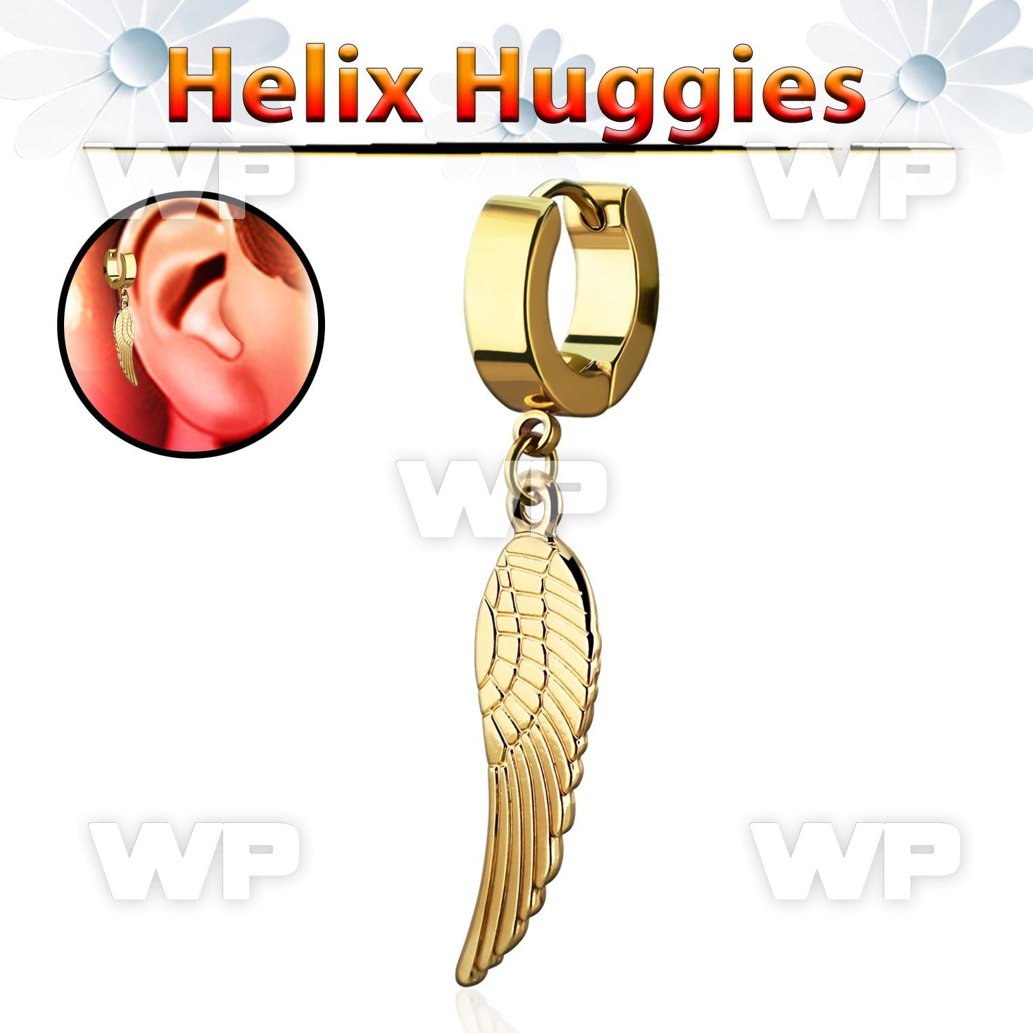 ehg584 gold steel helix huggie w dangling gold colorbird wing