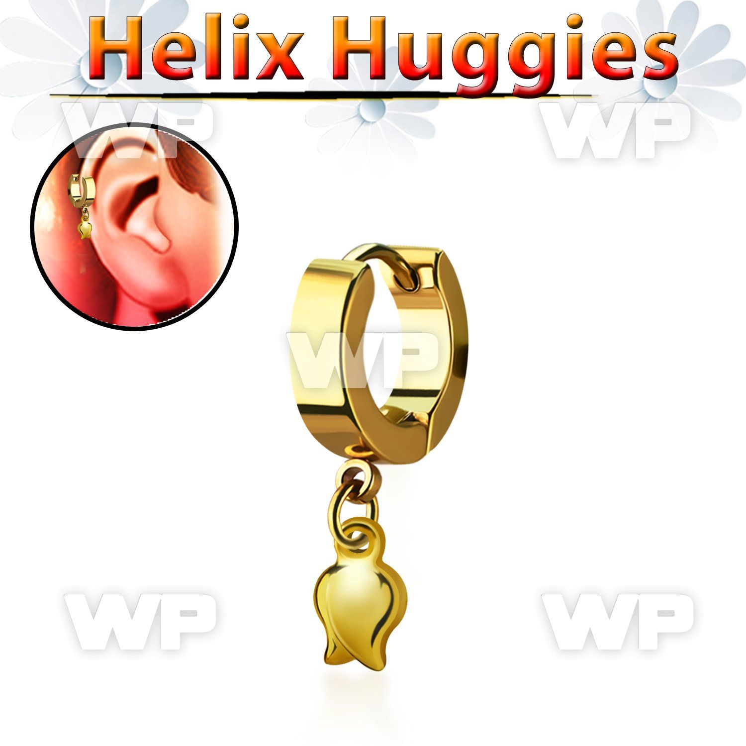 ehg767 gold pvd plated steel huggies w a dangling tulip