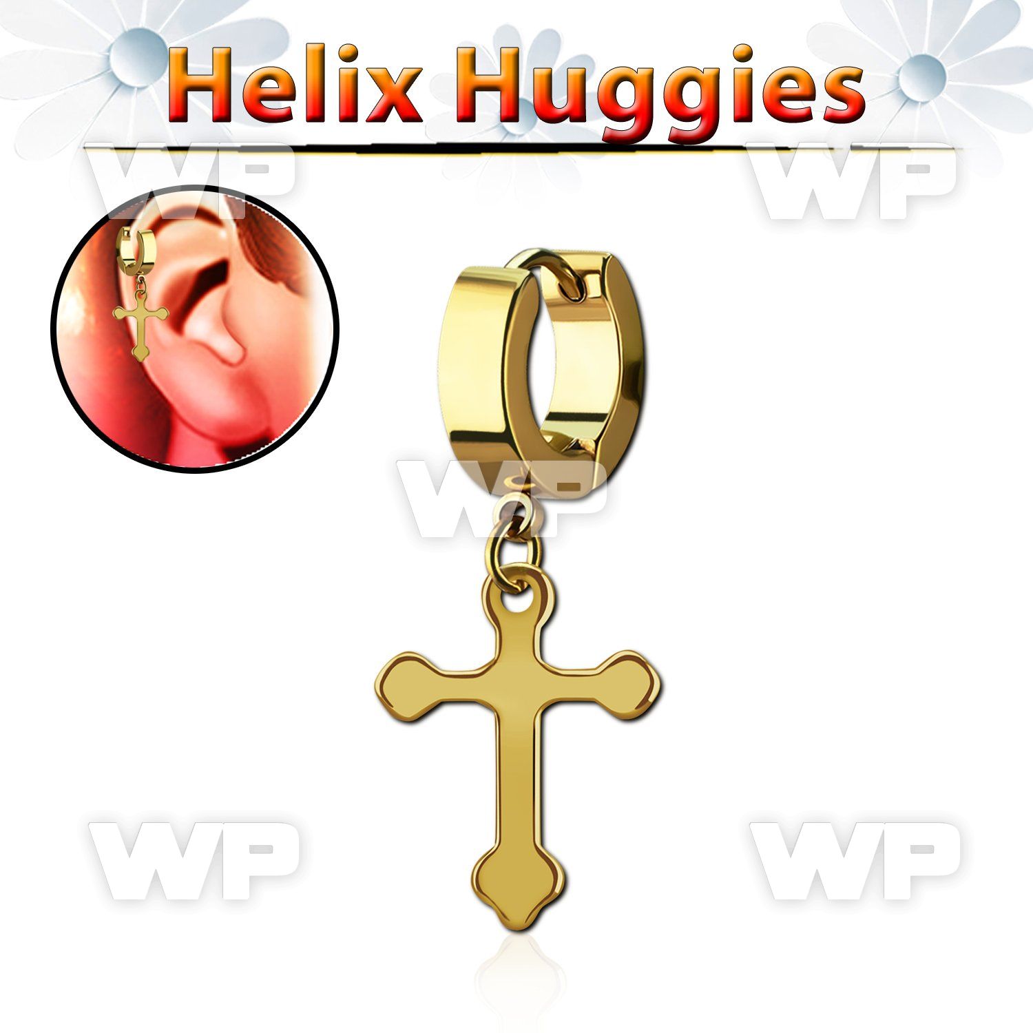 ehgcro gold stainless steel helix huggie w dangling steel cross