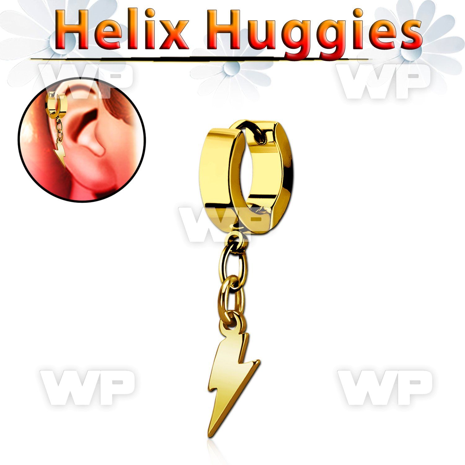 ehglit gold stainless steel helix huggie w dangling lightning 