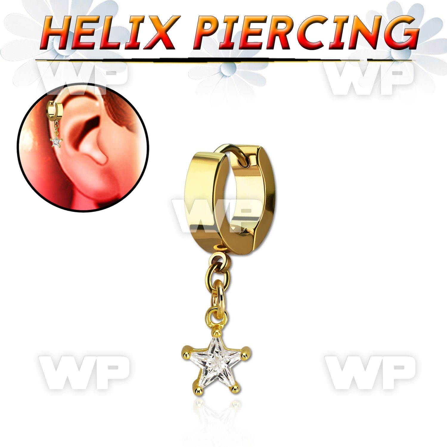 ehgzs6 gold steel helix huggie w dangling 6mm star cz stone 