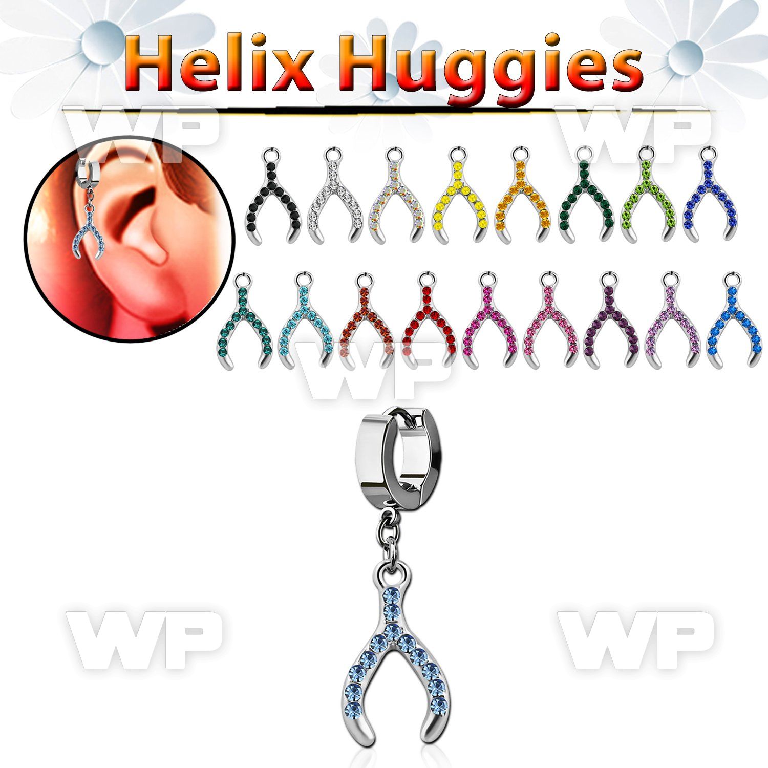 ehh669 steel helix huggie w crystal studded wish bone design 