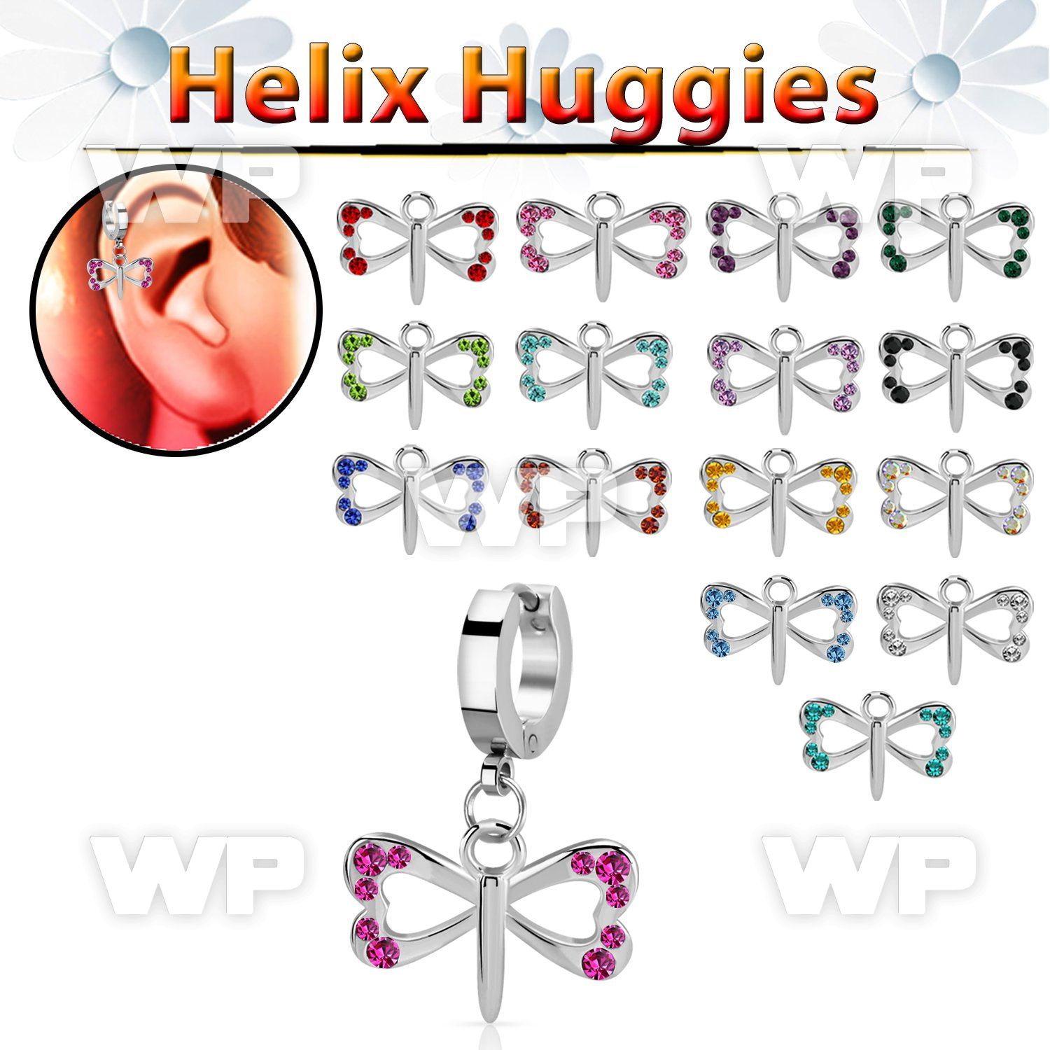 ehh761 stainless steel huggie w a dangling small dragonfly