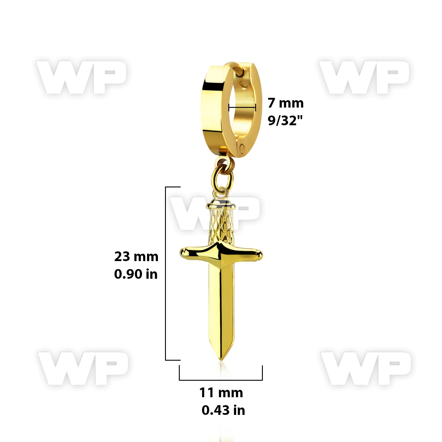 ehh768 high polished stainless steel huggie w a dangling dagger