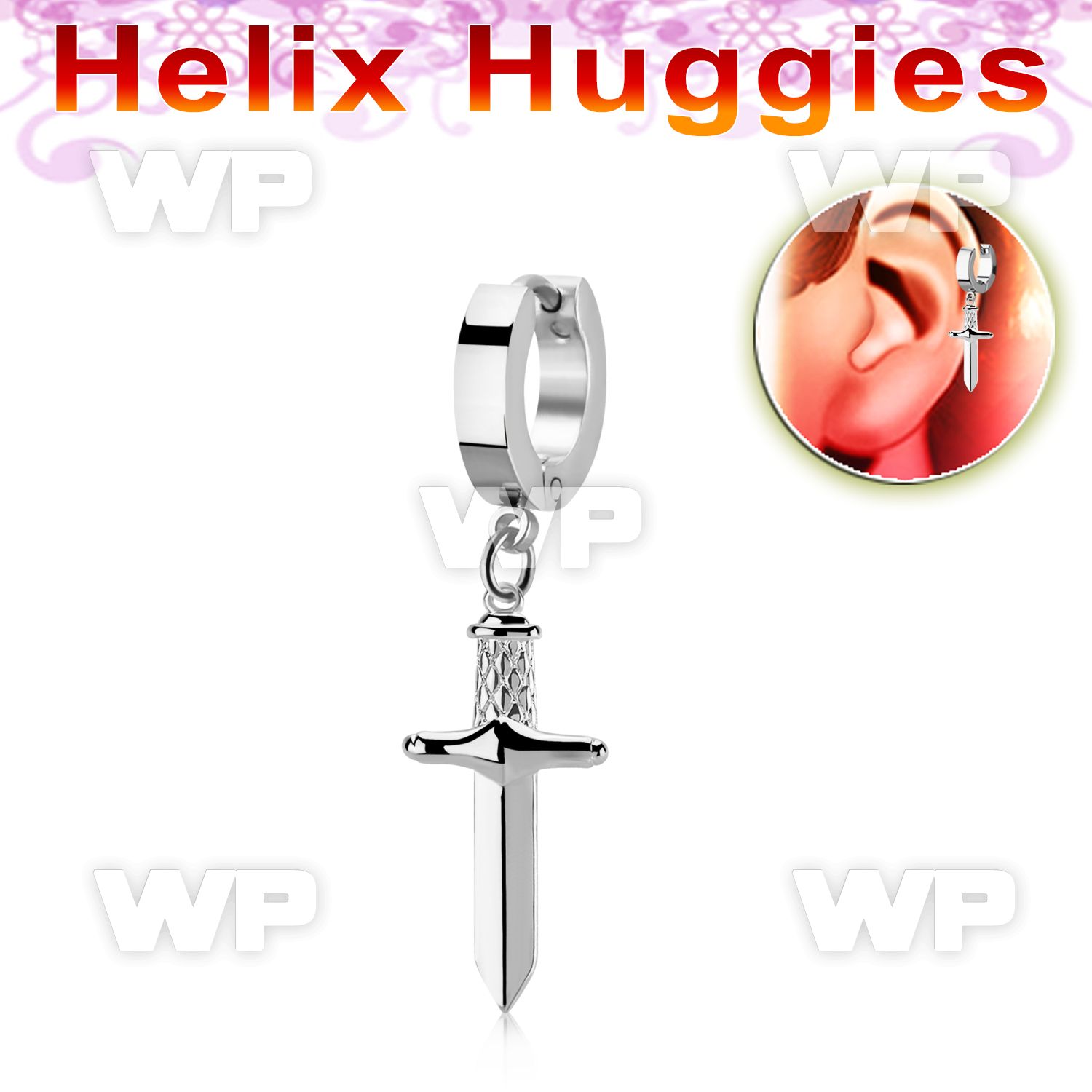 ehh768 high polished stainless steel huggie w a dangling dagger