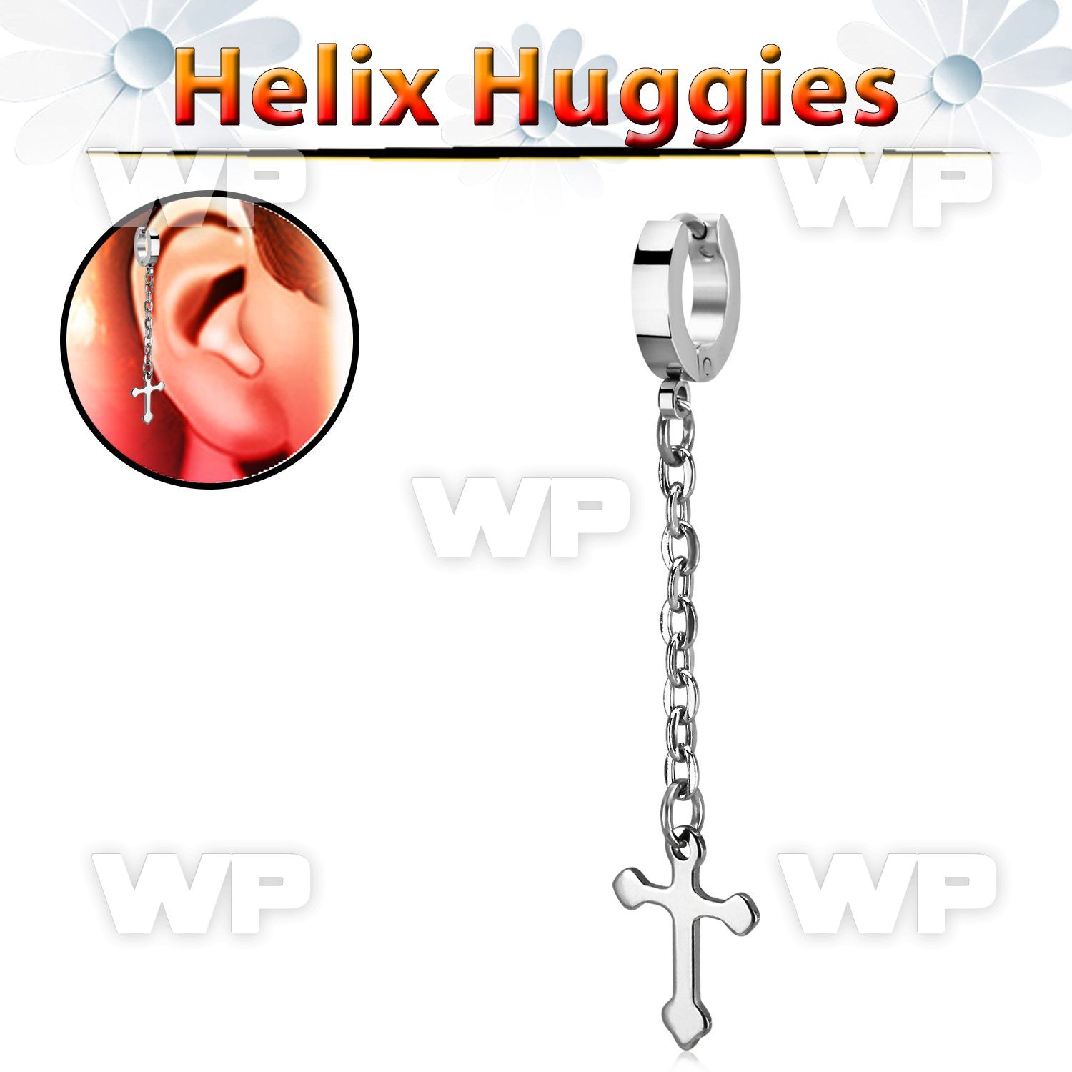 ehhlcros steel helix huggie w cross dangling on a long chain
