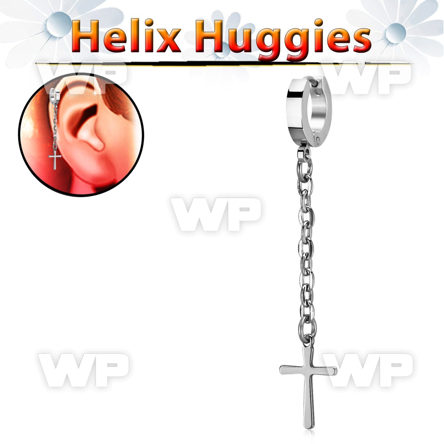 ehhlcrs steel helix huggie earring w a cross dangling on chain