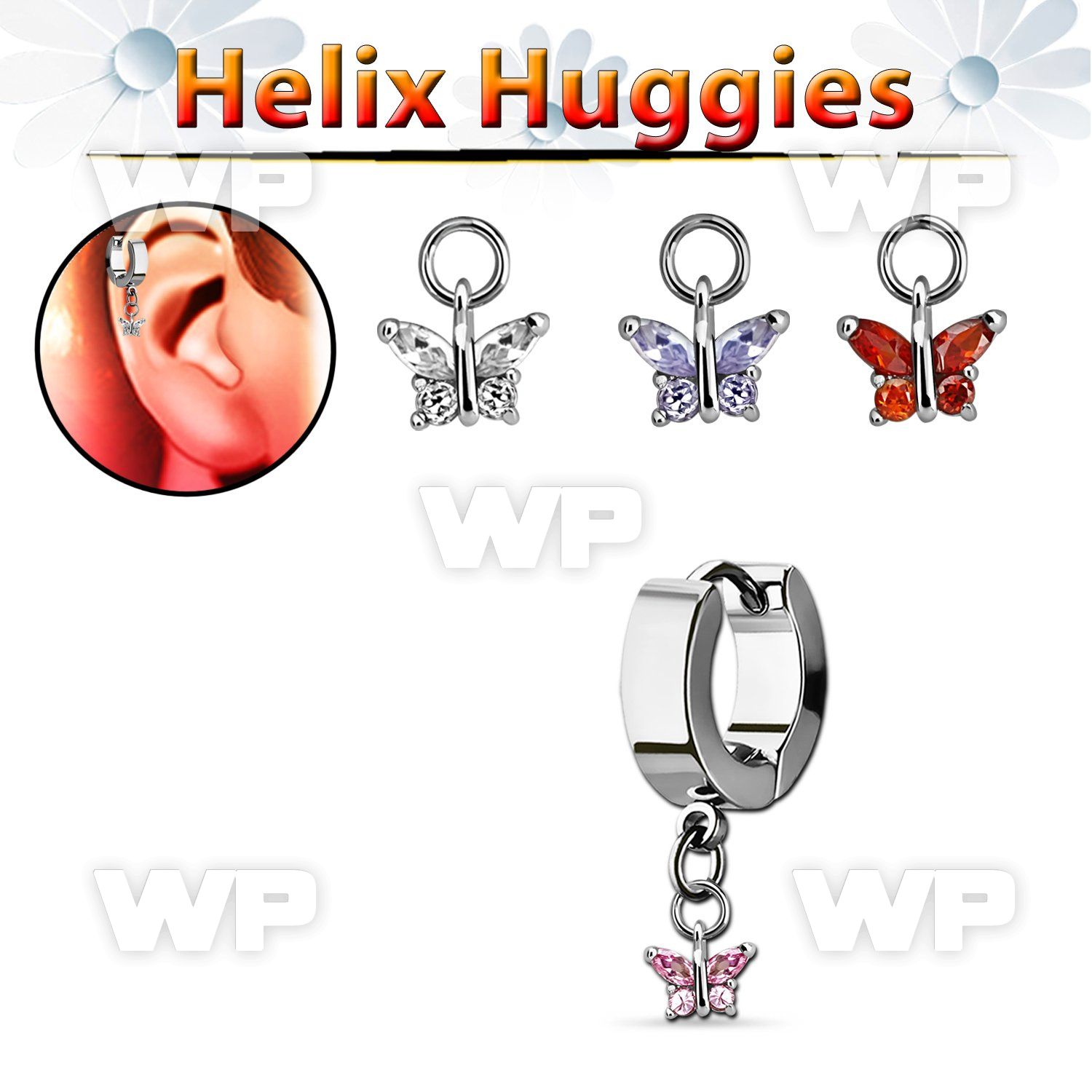 ehhz589 stainless steel helix huggie w dangling butterfly w cz