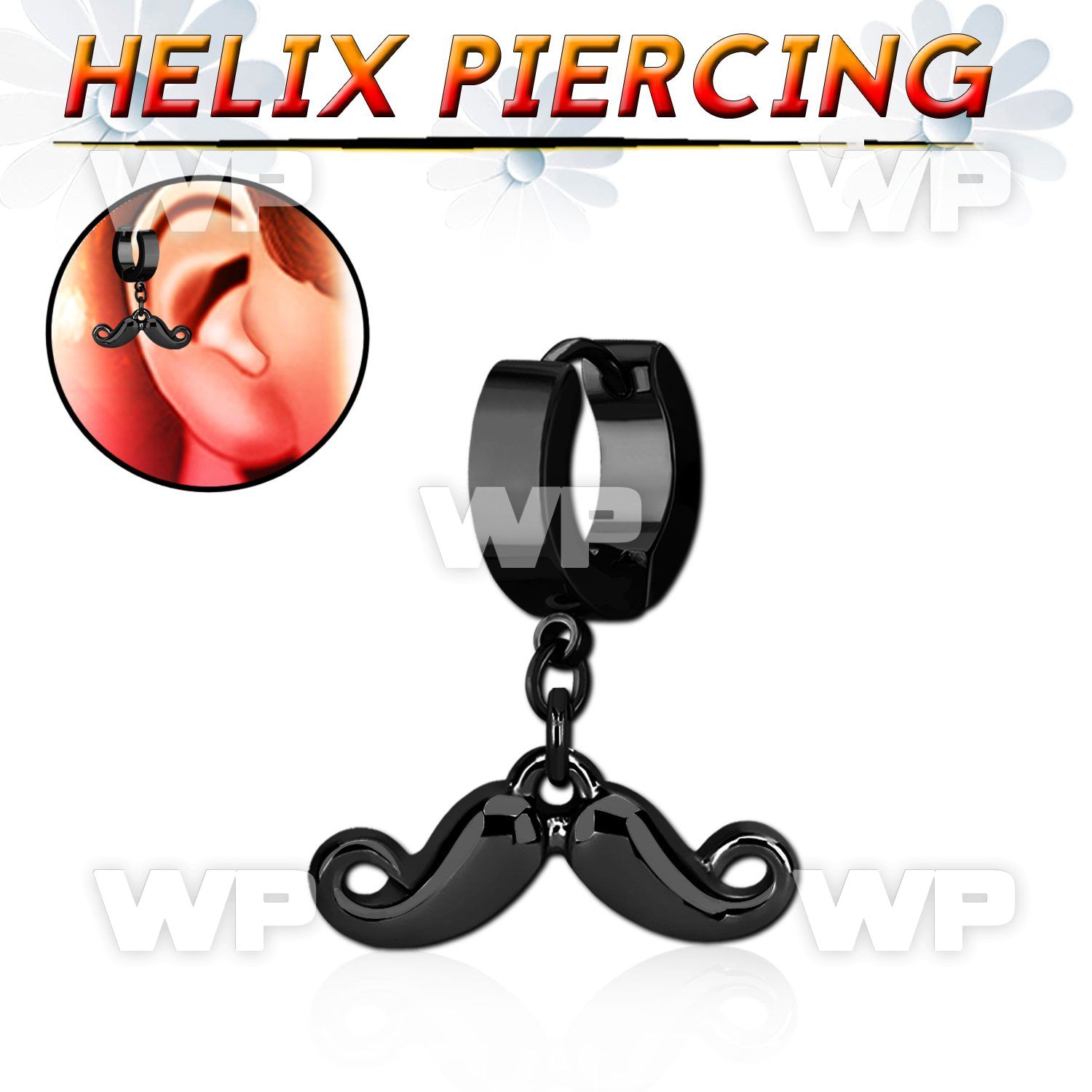 ehk518 black steel helix huggie w a dangling mustache