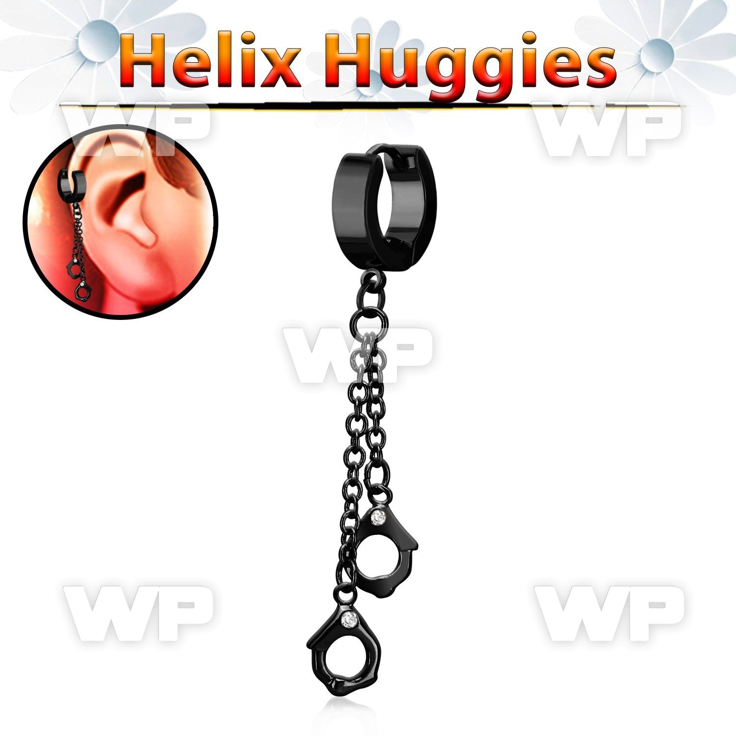 ehk652 black steel helix huggie w dangling black handcuffs