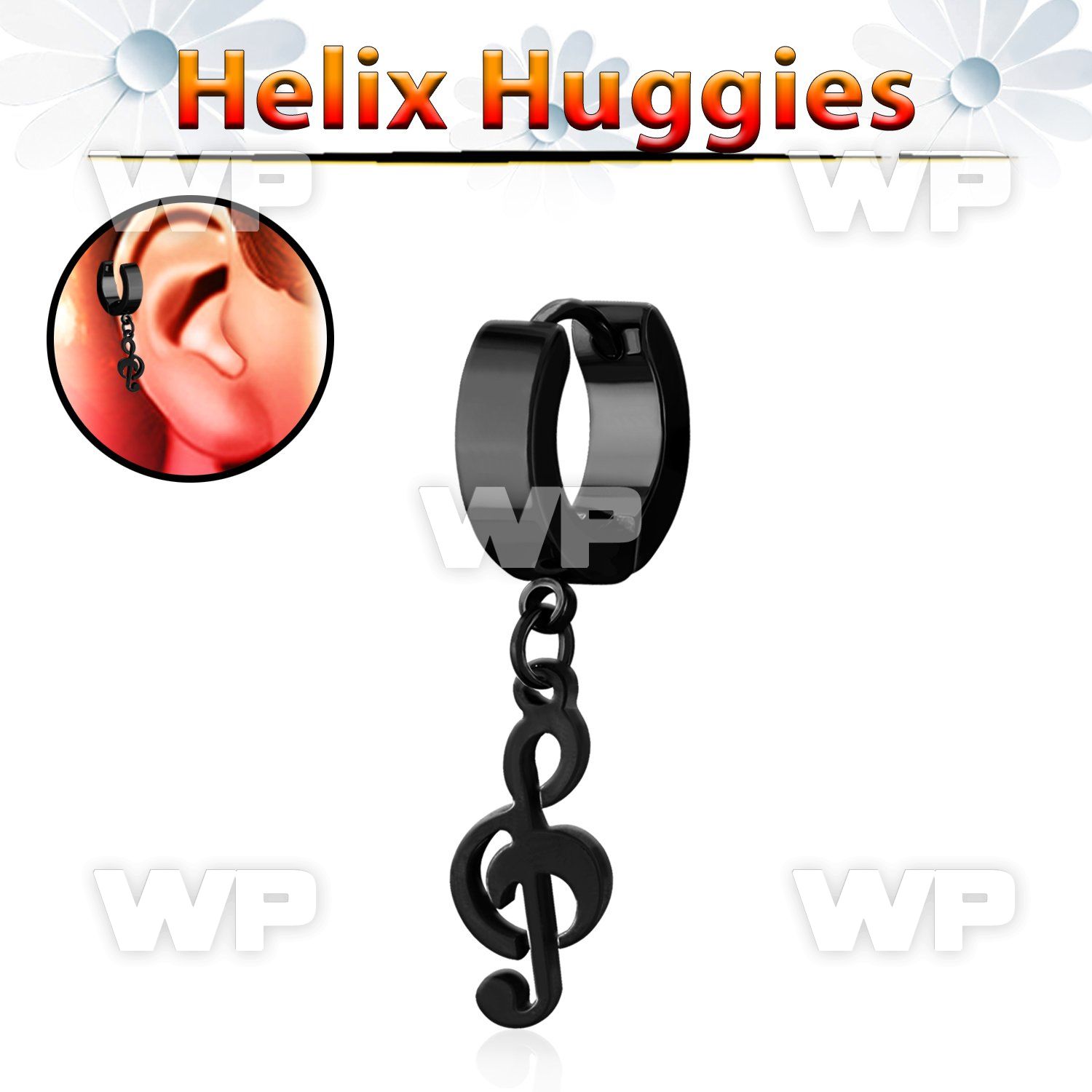 ehk709 black steel helix huggie w dangling black musical note