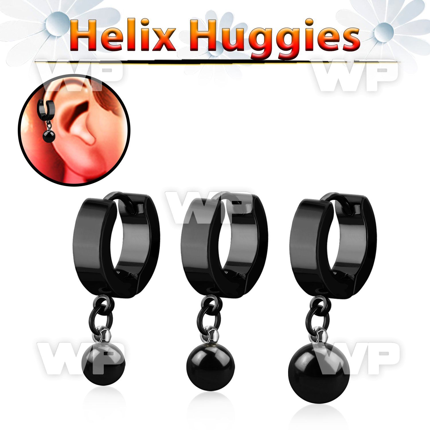 ehkbt black steel helix huggie w dangling black ball