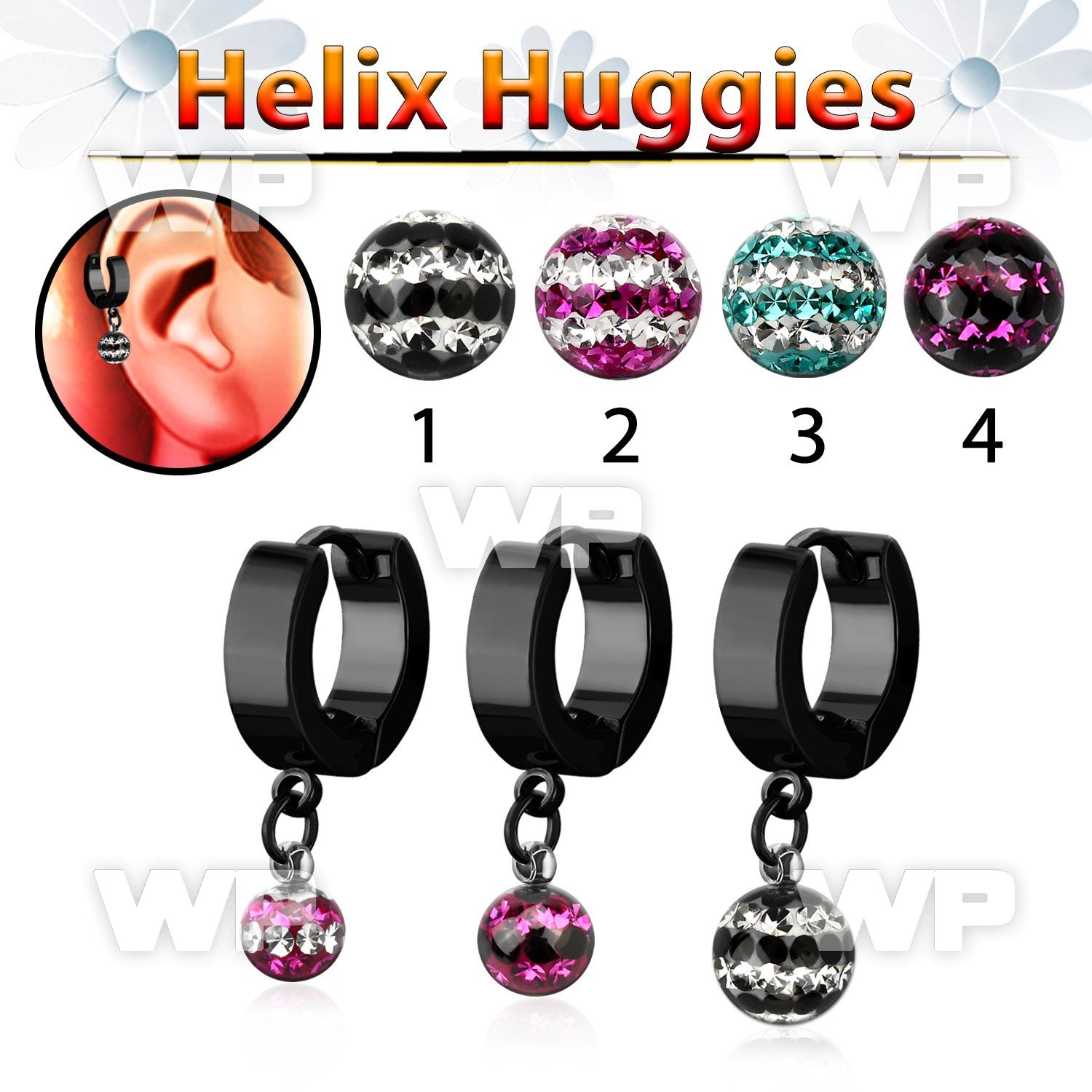 ehkfrd black steel helix huggie w triple line multi crystal ball