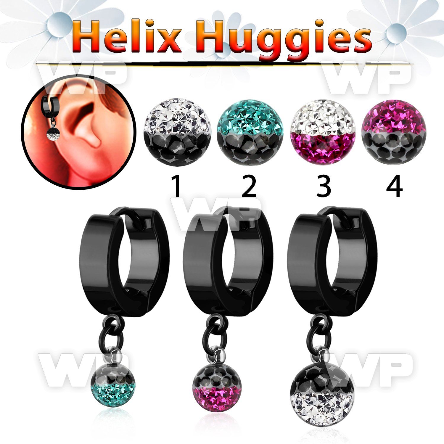 ehkfre black steel helix huggie w two color multi crystal ball
