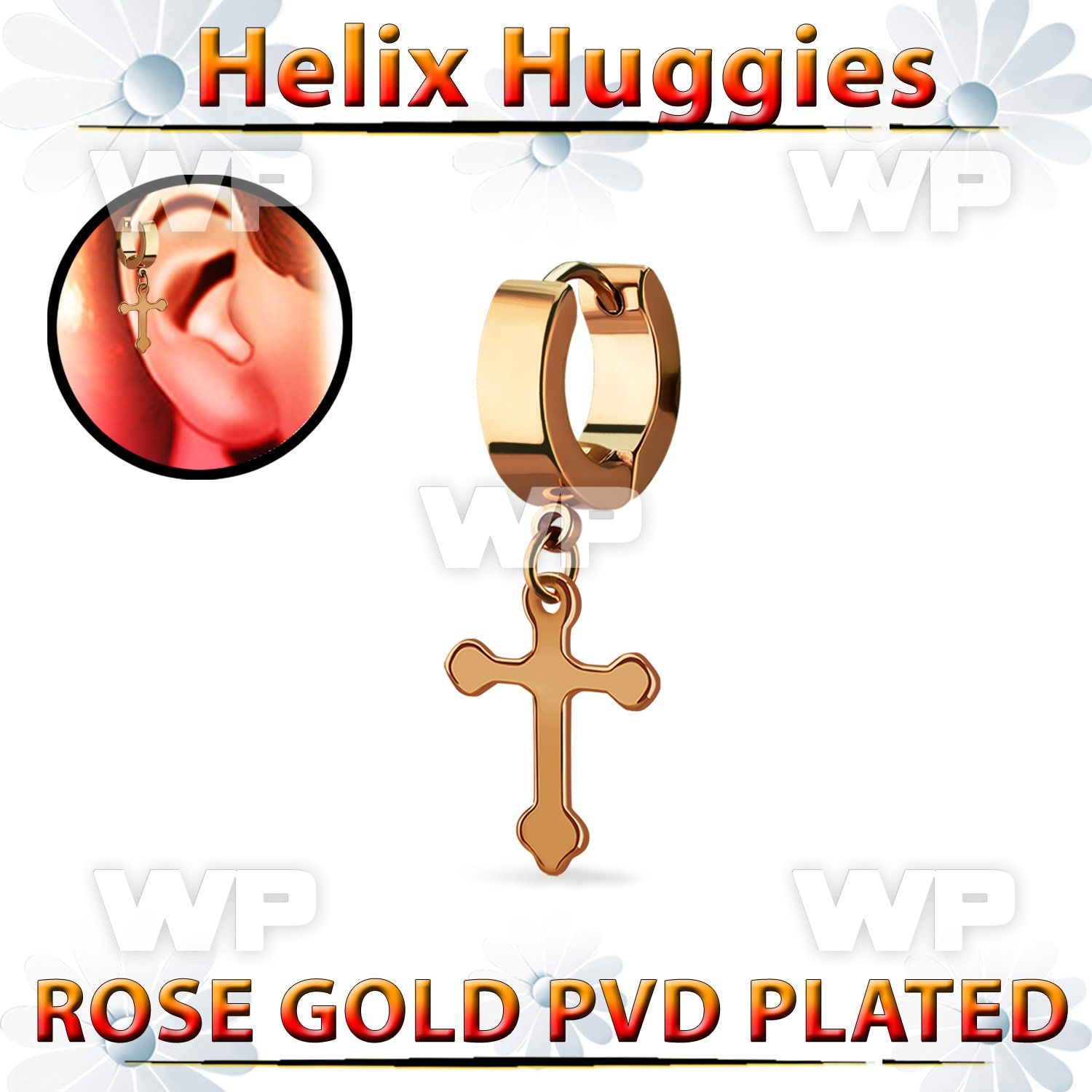 ehrcro rose gold stainless steel helix huggie w dangling cross 