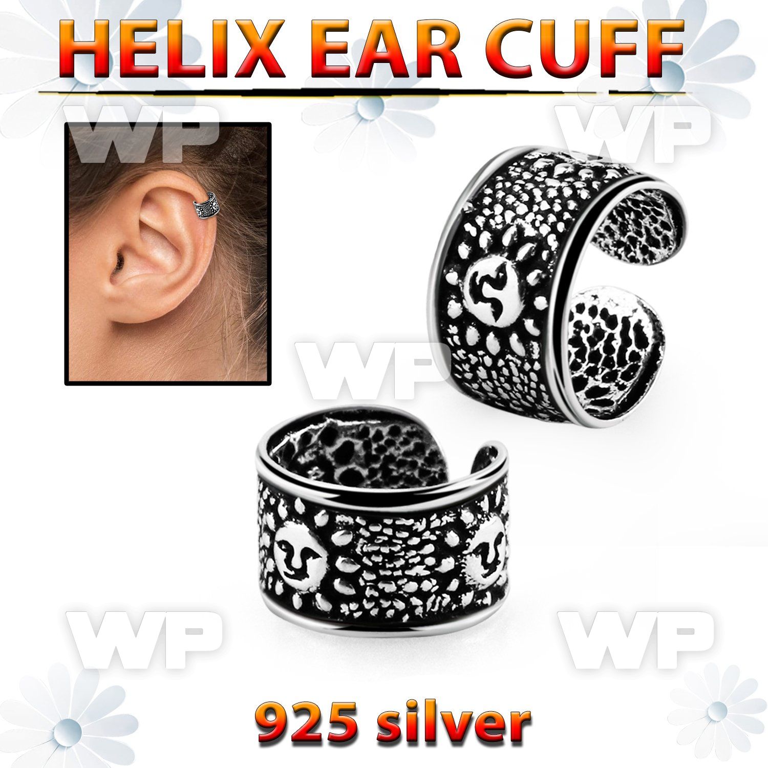 ehvcf10 sterling silver helix ear cuff with vintage sun design