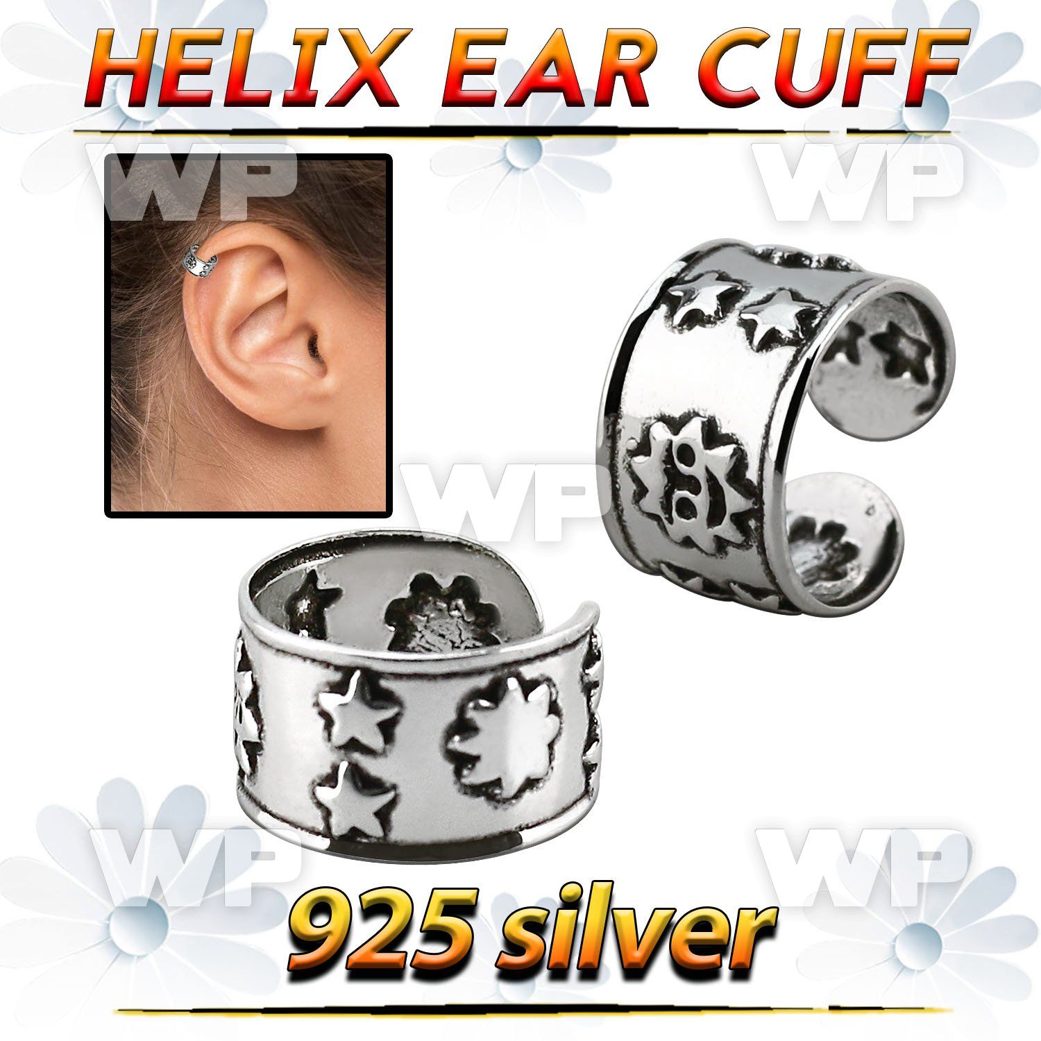 ehvcf23 sterling silver helix ear cuff with stars and sun design