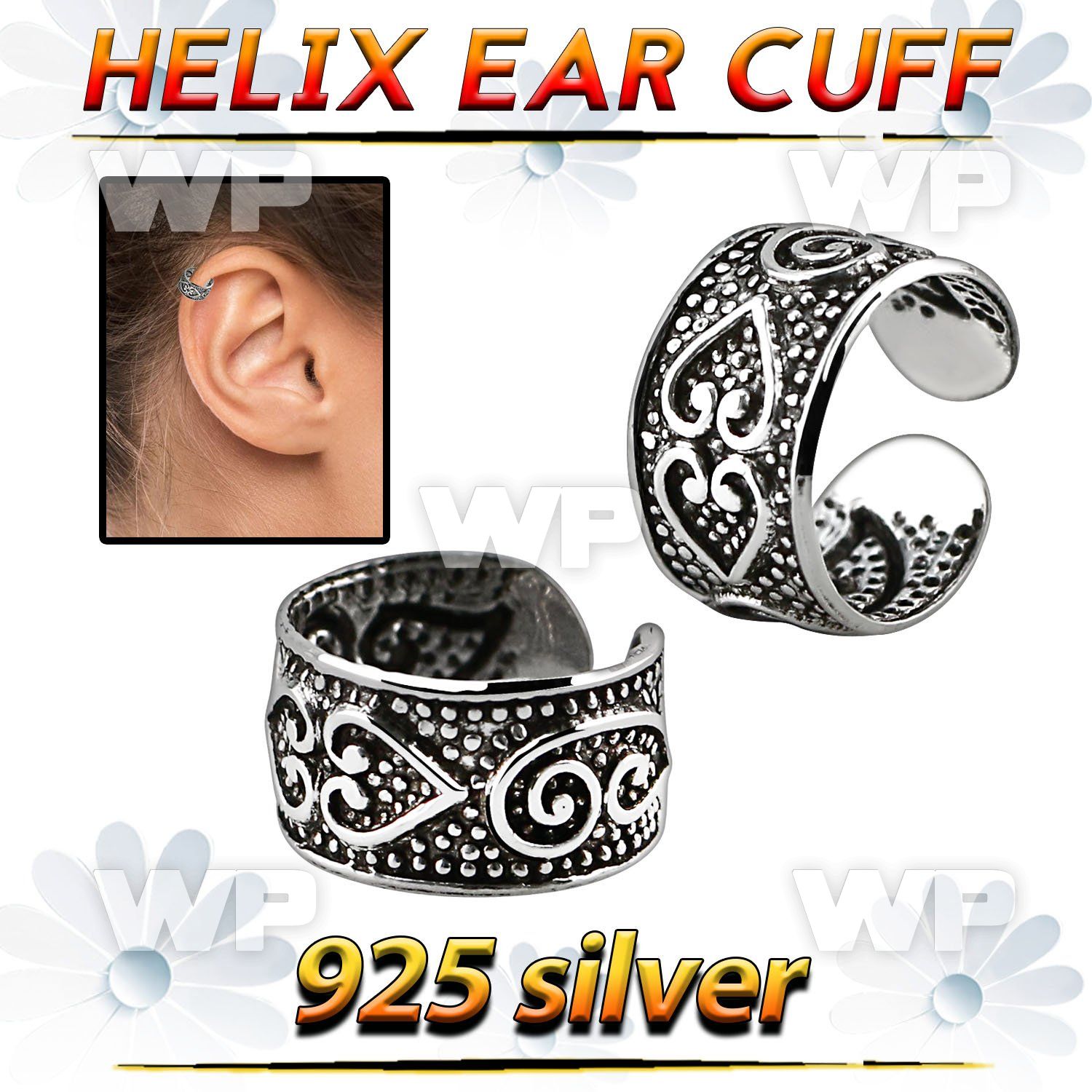 ehvcf24 sterling silver helix ear cuff with tribal hearts design
